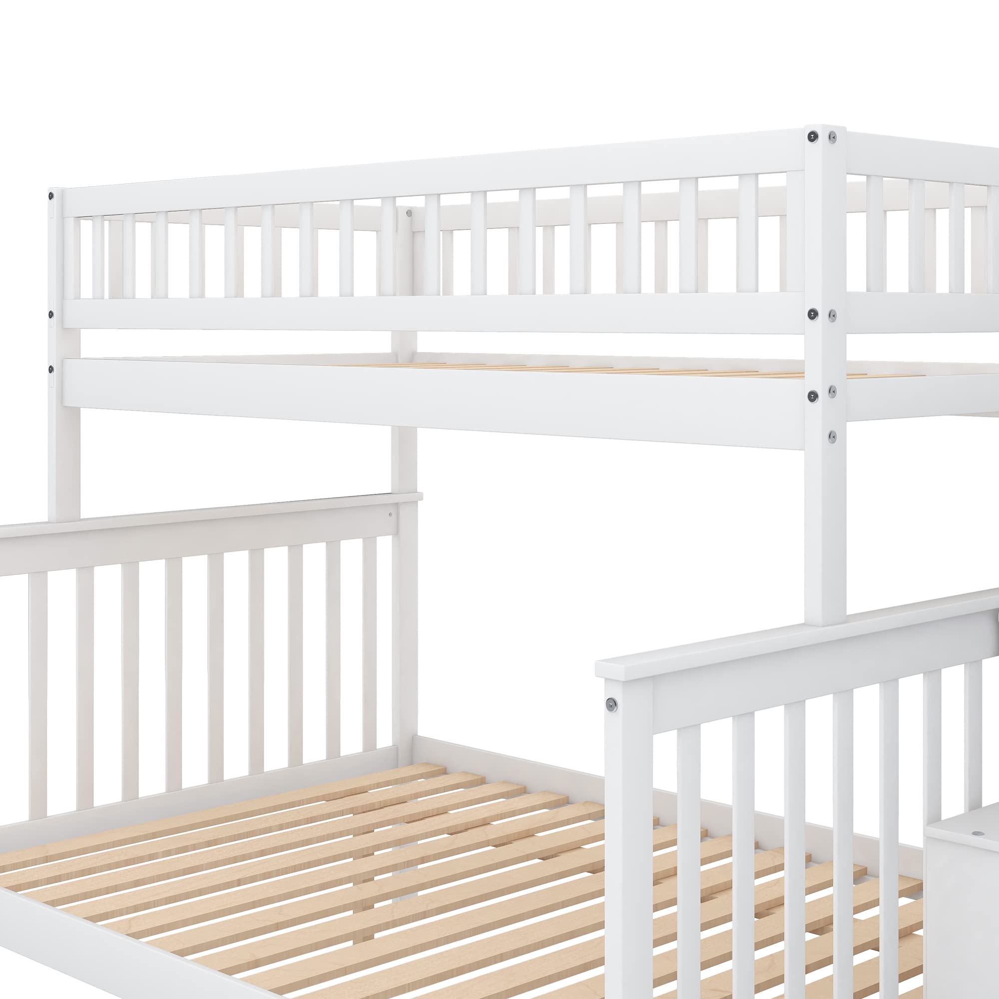 **Space-Saving Twin Over Full Bunk Bed with Stairs - Wooden Convertible Bunk Bed Frame with Storage & Safety Guard Rail - Splits into 2 Separate Beds (White) - Perfect for Kids' Rooms, Guest Rooms & Small Spaces**