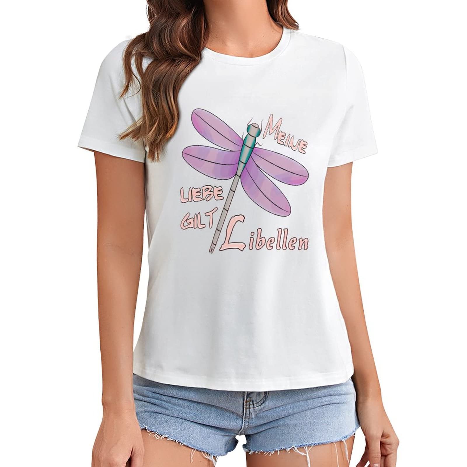 **Women's Dragonfly Silhouette Short Sleeve Cotton T-Shirt - Loose Fit Round Neck Cool Summer Top for Casual Wear & Outdoor Activities**