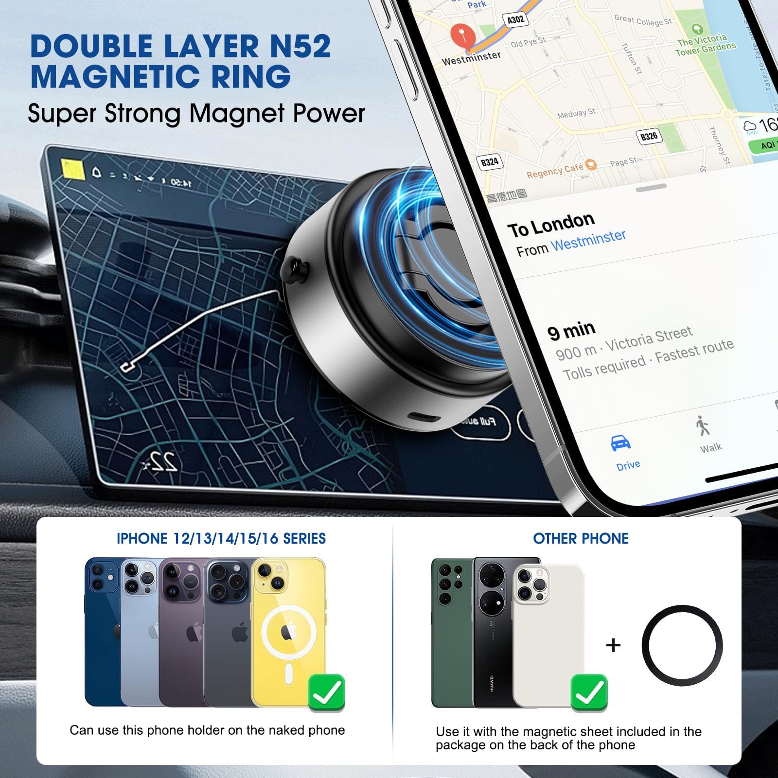 KOQ Upgraded Silver Magnetic Car Phone Mount - 360° Rotatable Vacuum Suction Phone Holder for iPhone, Samsung & All Smartphones | Strong Magnetic Grip for Dashboard & Windshield | Perfect for Road Trips, GPS Navigation & Hands-Free Calling
