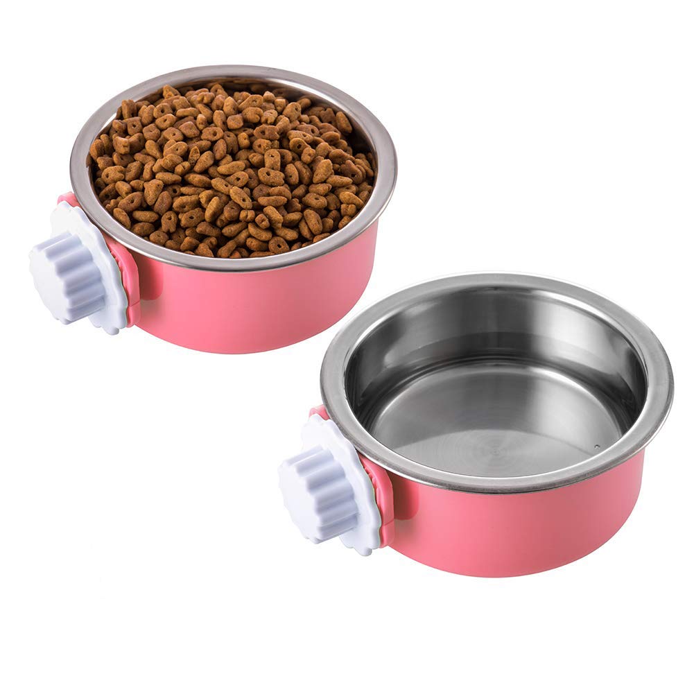 Stainless Steel Hanging Dog Bowl with Removable Hook - Durable Pet Food & Water Dish for Crate, Cage, or Coop - Perfect for Travel, Camping, and Home Use (Pink)