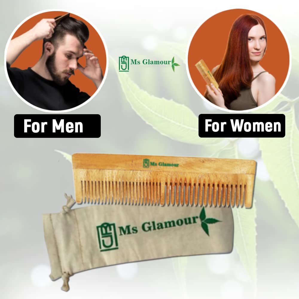 MS Glamour Pure Neem Wooden Comb for Hair Growth & Dandruff Control | Natural Hair Straightening Comb Treated with Neem Oil | Perfect for Daily Hair Care & Scalp Massage at Home