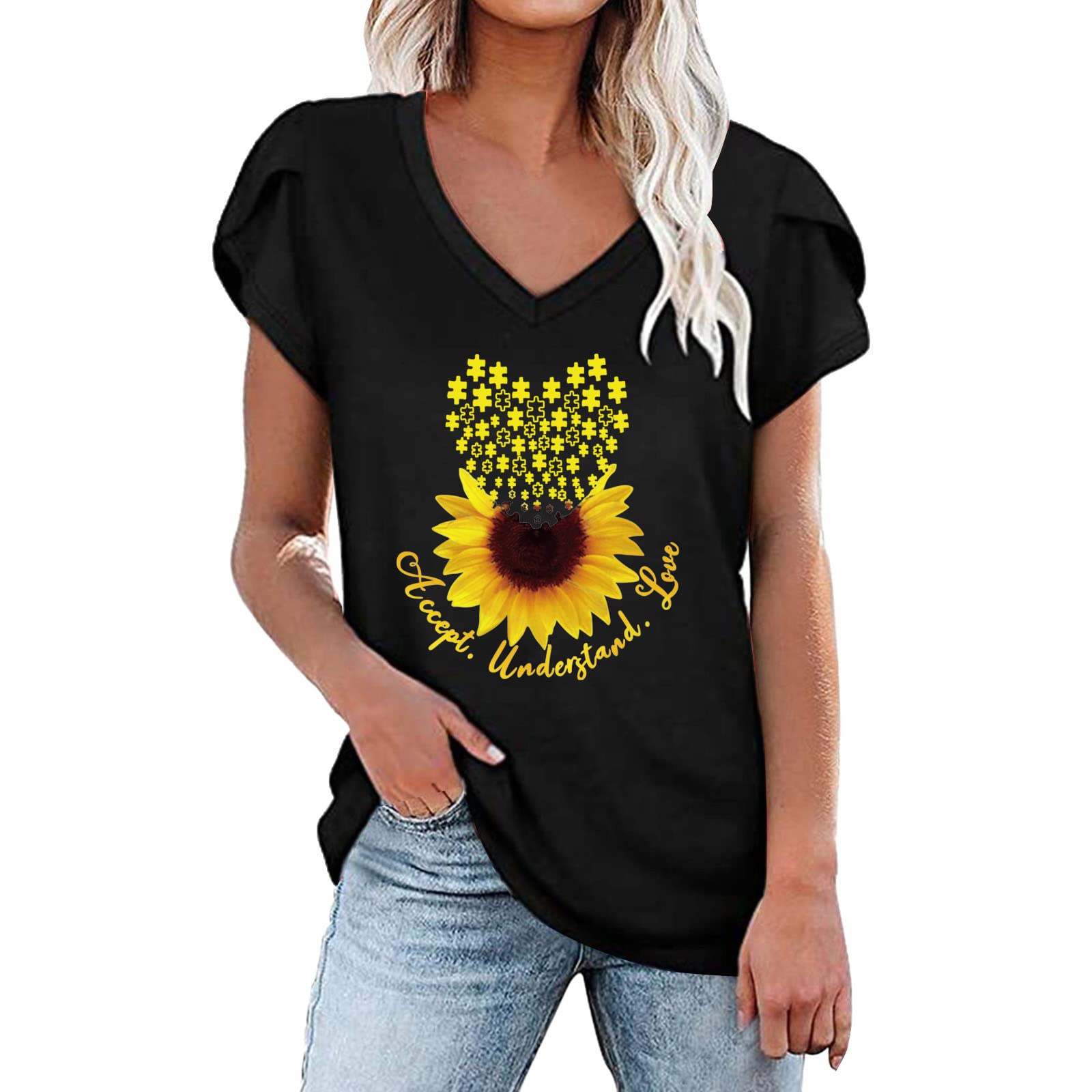 Women's Sunflower Graphic T-Shirt - Short Sleeve Summer Casual Tee | Loose Fit Cotton Top for Beach, Vacation & Everyday Wear