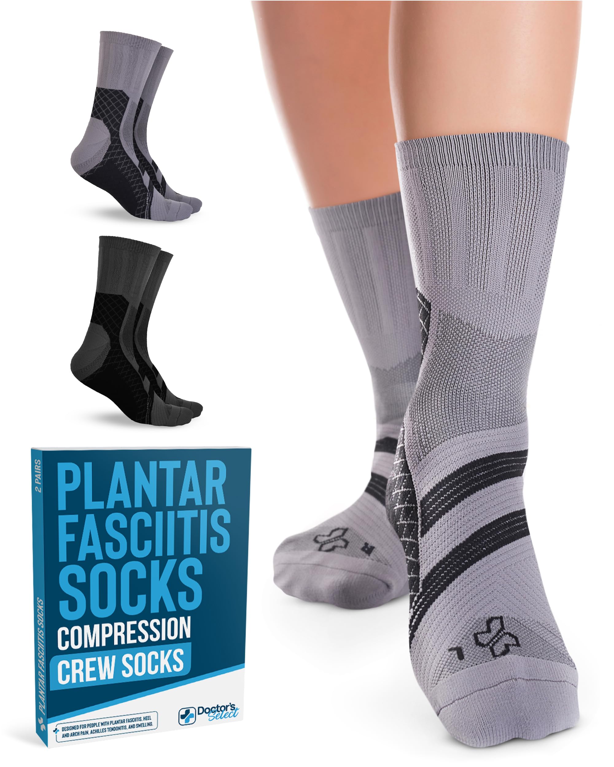 Doctor's Select Plantar Fasciitis Socks - 2 Pairs | Compression Socks for Foot Pain Relief & Arch Support | Best for Running, Walking & Daily Comfort