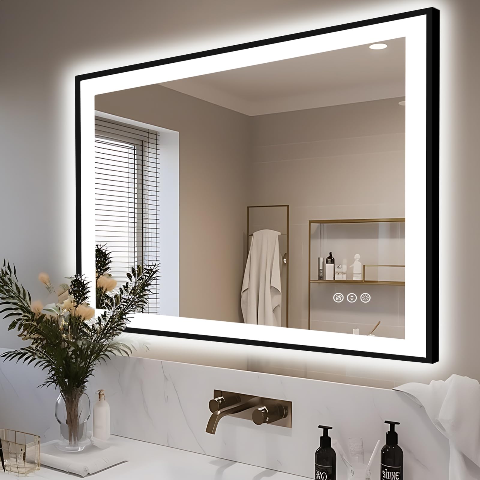 44x30 Inch LED Bathroom Mirror with Anti-Fog & Dimmable Touch Control - Black Framed Vanity Mirror with Bright Adjustable Lighting for Makeup, Shaving - Waterproof Horizontal/Vertical Mounting for Bathroom, Bedroom, Dressing Room