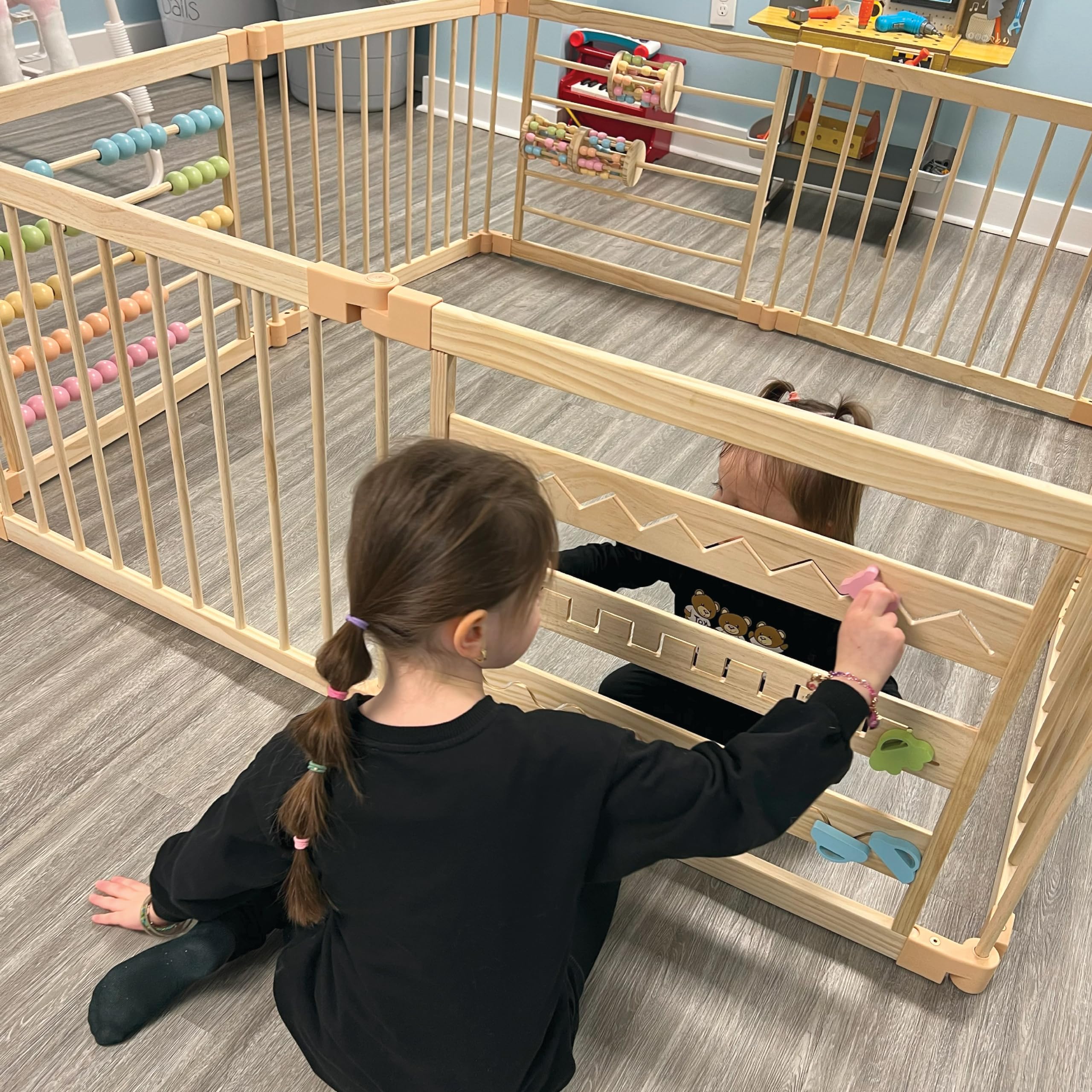 Extra Large Wooden Playpen for Toddlers & Babies - 8/10 Panel Foldable & Adjustable Baby Play Yard - Natural Wood Baby Gate for Indoor/Outdoor Use - Perfect for Playrooms, Daycares & Backyards
