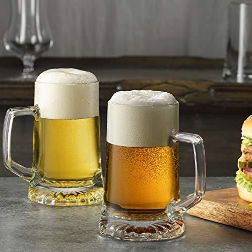 Bormioli Rocco 4-Pack Heavy Beer Mugs with Handle - 17.1 oz Glass Steins Set for Beer, Coffee, Tea & Cocktails - Durable Drinking Glasses for Home, Bar & Parties