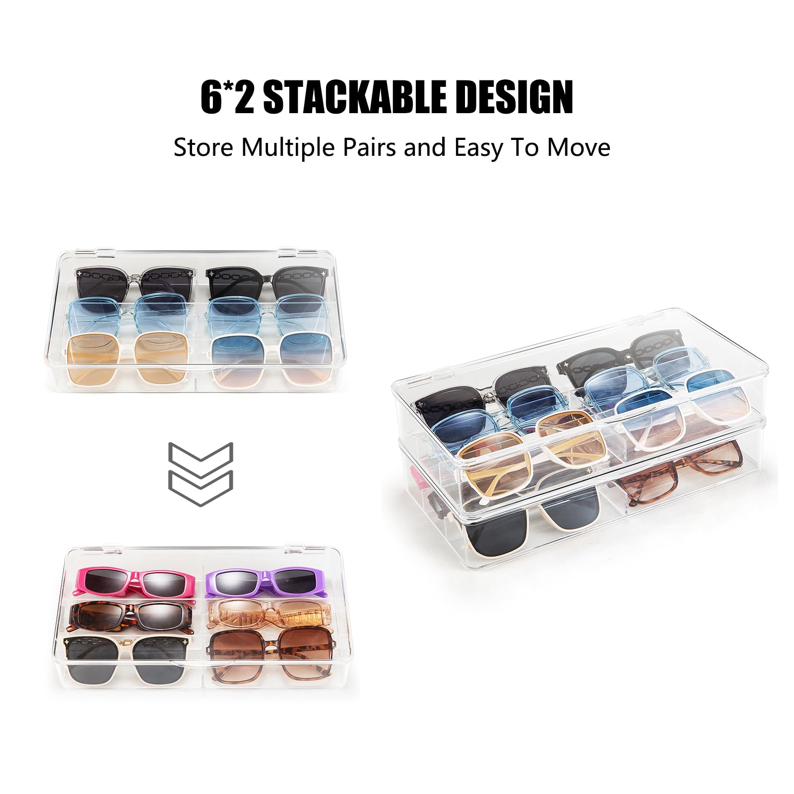 BOPai Acrylic Sunglasses Organizer with Lid - Stackable Eyeglass Storage Case for Men & Women - 2 Pack - Perfect for Travel, Home, Office, and Car Organization