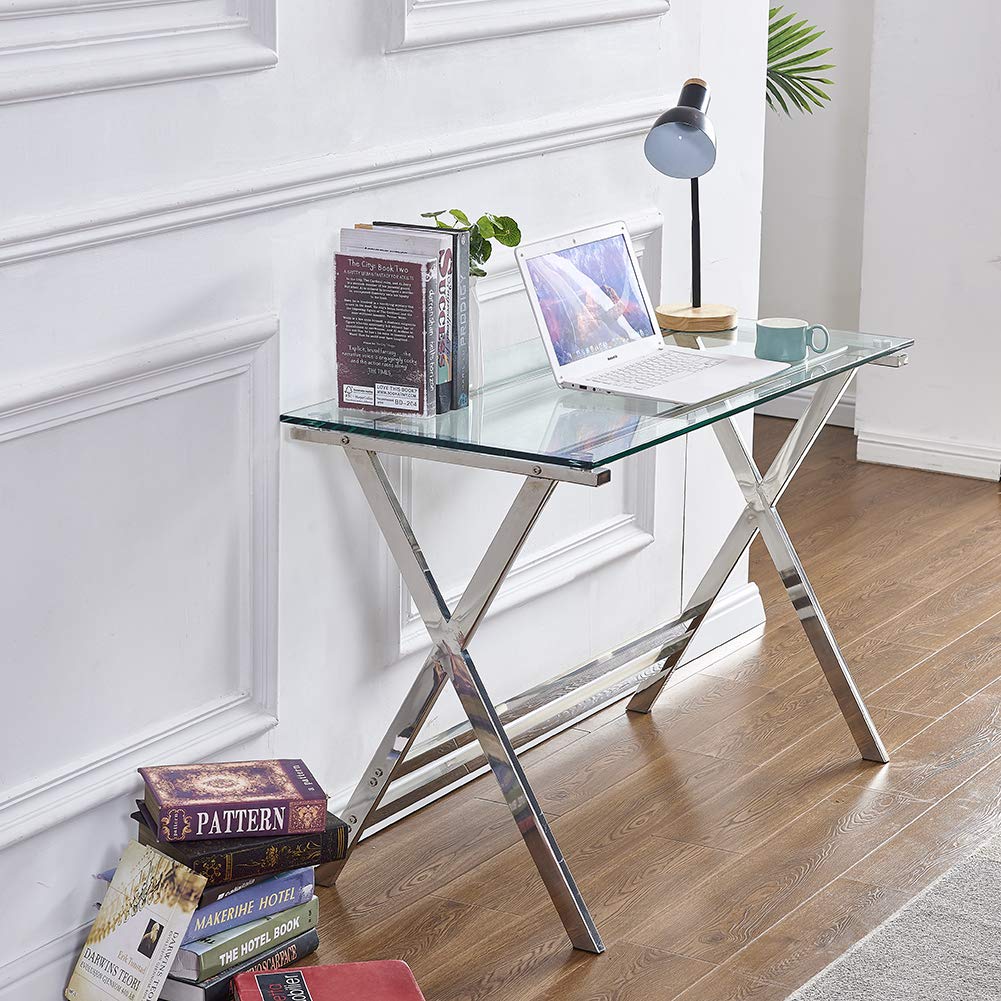 Modern Tempered Glass Computer Desk - Small Writing Study Desk for Students & Home Office, Perfect for Dorm Rooms, Small Spaces & Remote Work