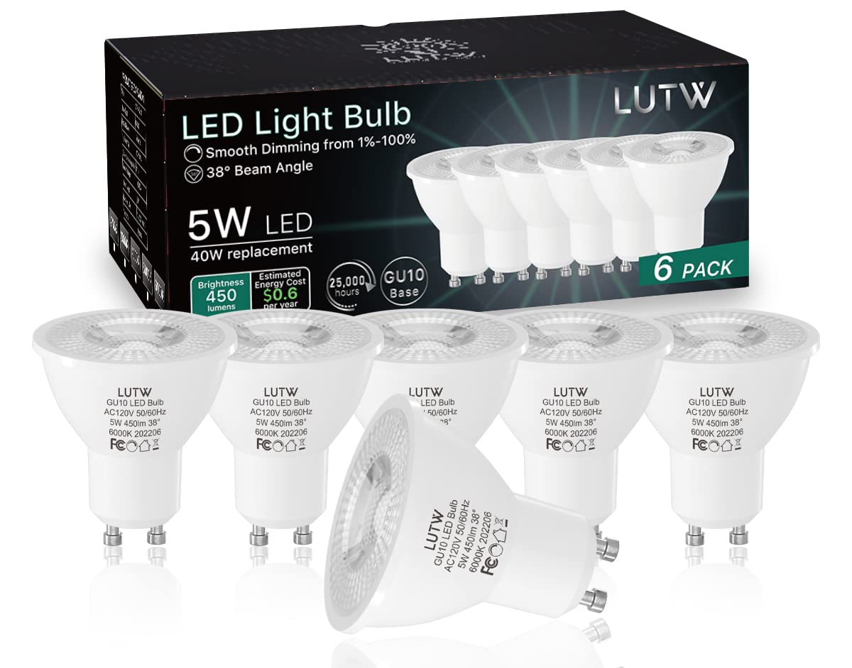 Dimmable GU10 LED Light Bulbs - 6 Pack, 40W Halogen Equivalent, 6000K Cool White, 450 Lumen MR16 Spotlights with 38° Beam Angle | Perfect for Recessed & Track Lighting in Homes, Offices, and Retail Stores