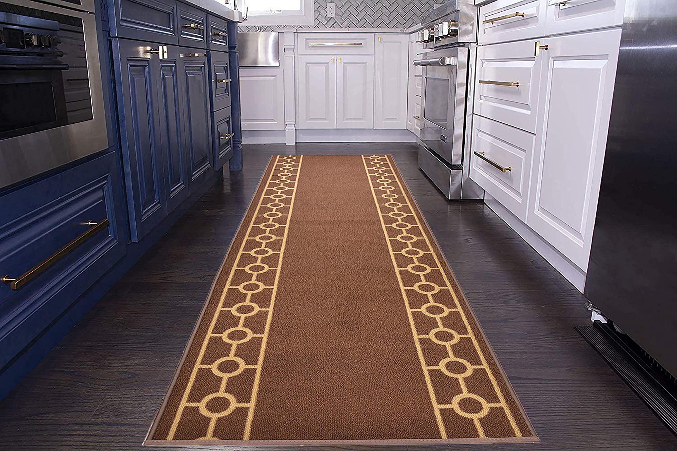 Custom Size Runner Rug with Chain Border Design - 26 Inch Wide, Choose Your Length (Up to 35 ft) - Non-Slip Rubber Backing for Hallways, Entryways & High Traffic Areas - Brown Extra Long Rug Runner for Home & Office Decor - Perfect for Staircases, Living Rooms & Commercial Spaces