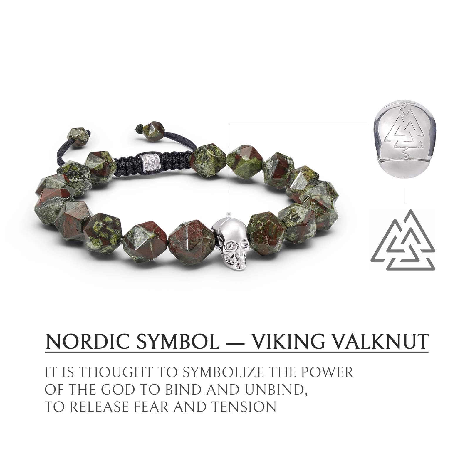 Men's Adjustable Dumortierite & Dragon Blood Jasper Beaded Bracelet with Sterling Silver Skull Charm - 10mm Natural Gemstone Braided Bracelet (6.1-7.9 Inch) - Spiritual Healing Jewelry, Boho Style Gift for Boyfriend, Meditation & Yoga Accessory