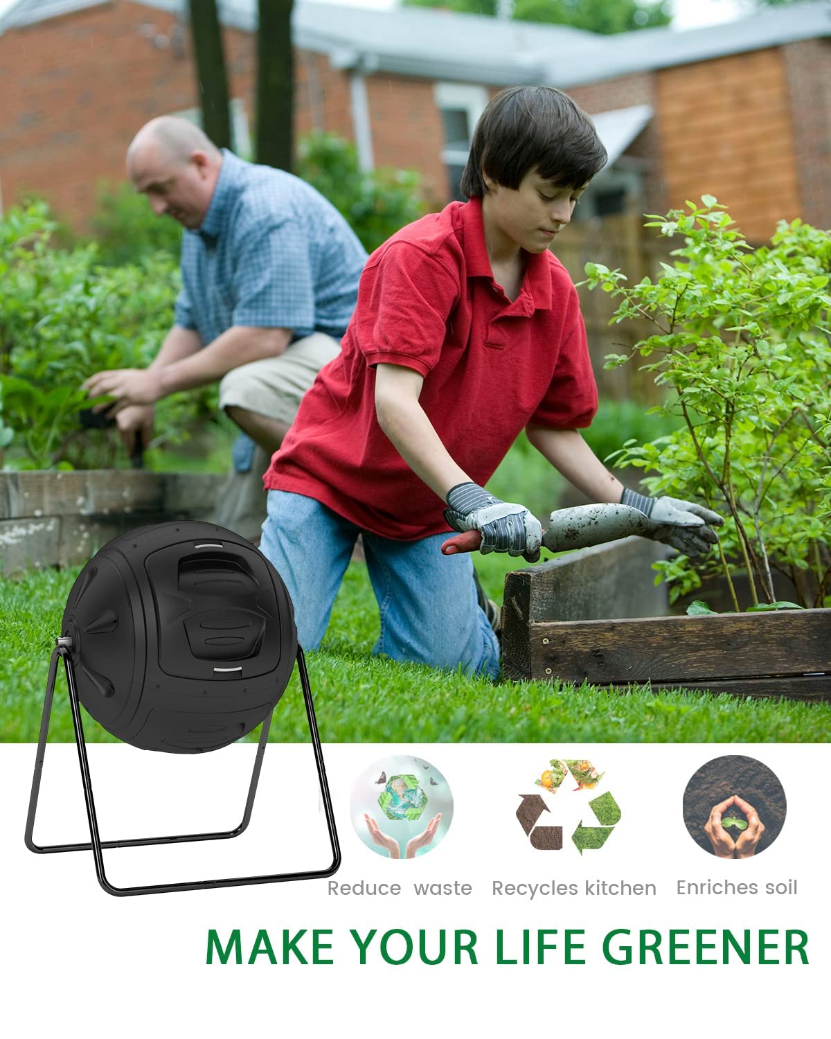 EJWOX Heavy Duty Garden Pot Mover with Wheels & Tumbling Composter - Outdoor Plant Dolly for Moving Large Pots, Gardening Tools for Women & Men - Perfect for Lawn Care, Patio Decor & Backyard Composting