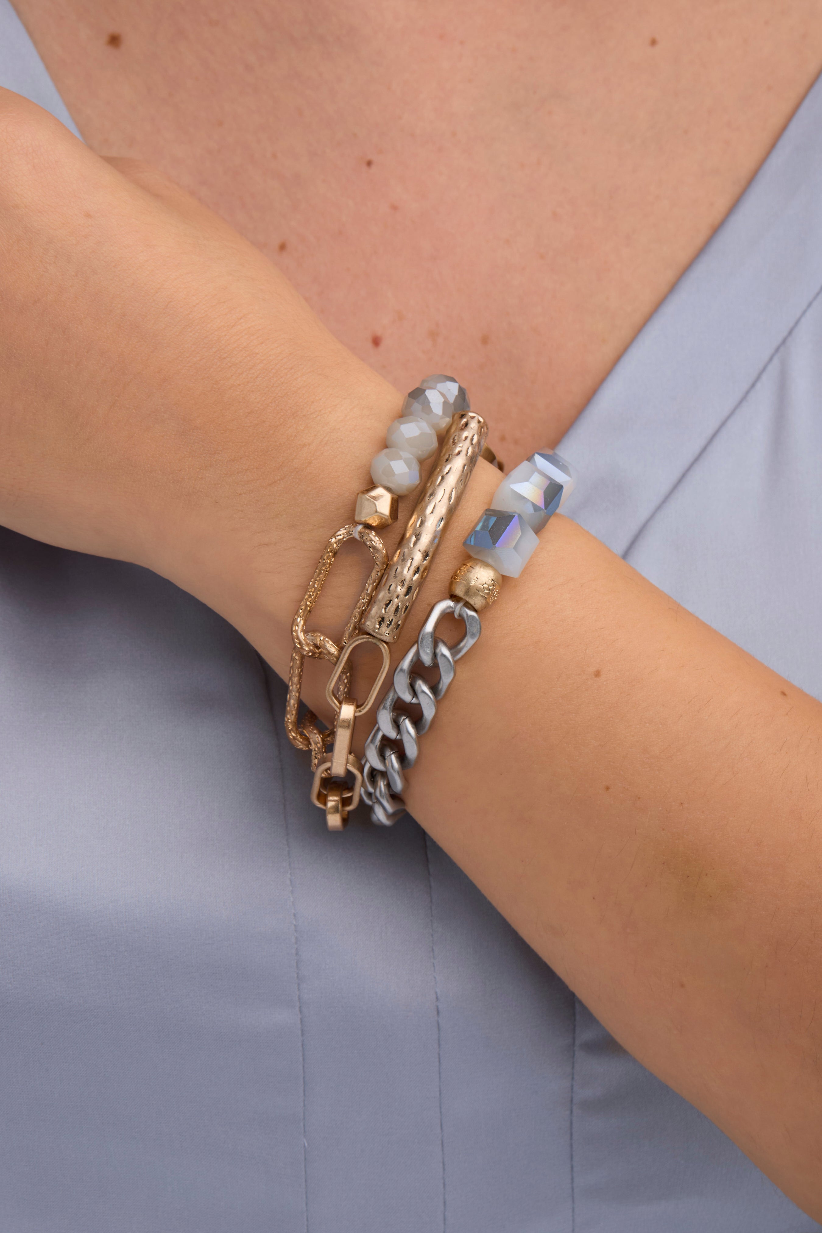 Metallic Beaded Chain Trio Bracelet Set - Gold Silver Rose Gold Adjustable Bangle for Women - Perfect for Parties, Weddings & Everyday Wear