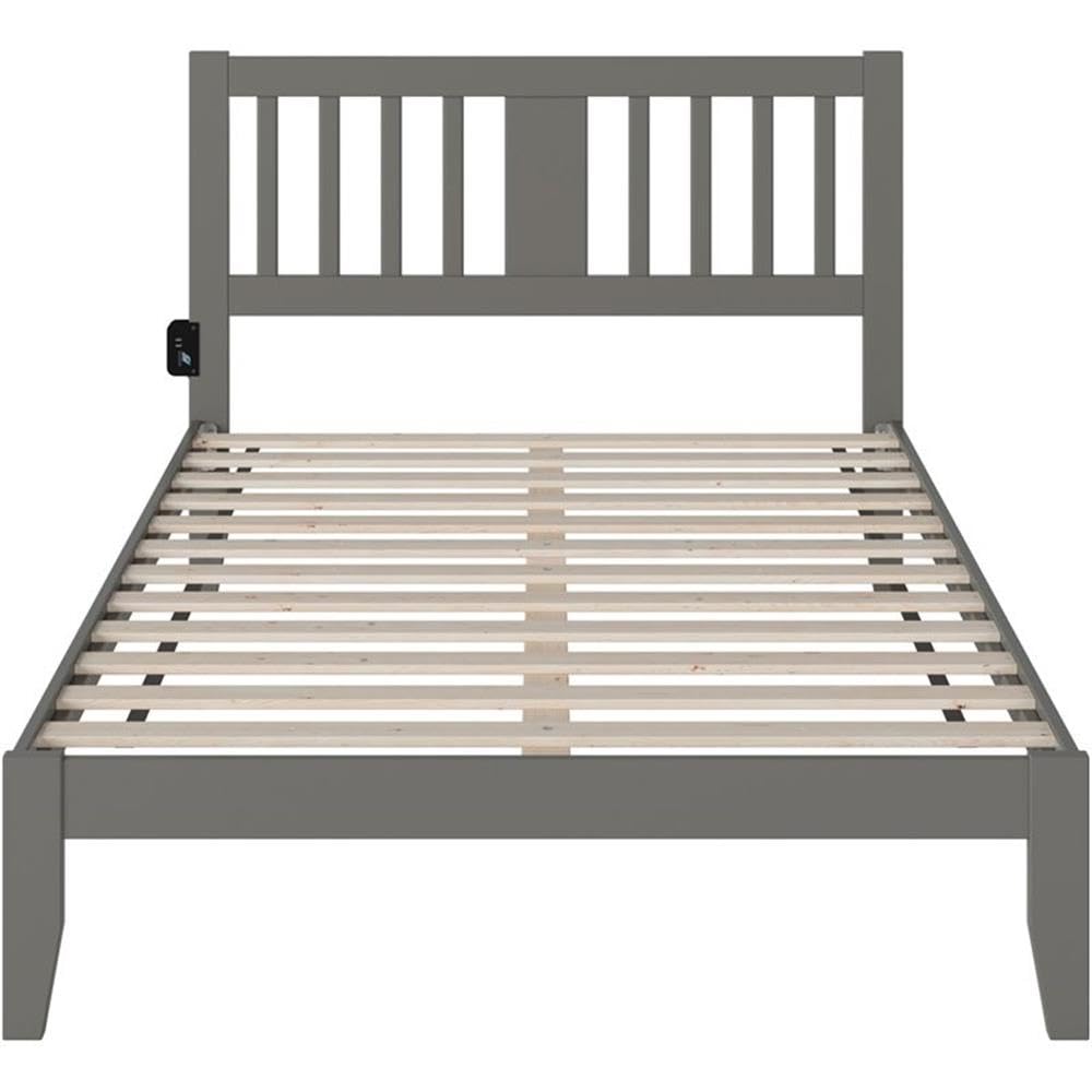 BOWERY HILL Transitional Wood Full Spindle Bed Frame with USB Turbo Charger - Gray Queen Size Bed for Modern Bedroom | Fast Charging Station & Stylish Home Decor