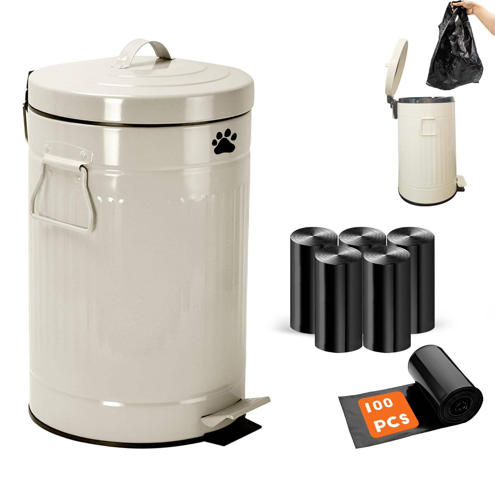 12L/3.1Gal Metal Outdoor Dog Waste Trash Can with Lid & Foot Pedal - Includes 100 Dog Poop Bags, Soft Close Design, White Round Pet Waste Bin for Backyard, Garden & Park Cleanup