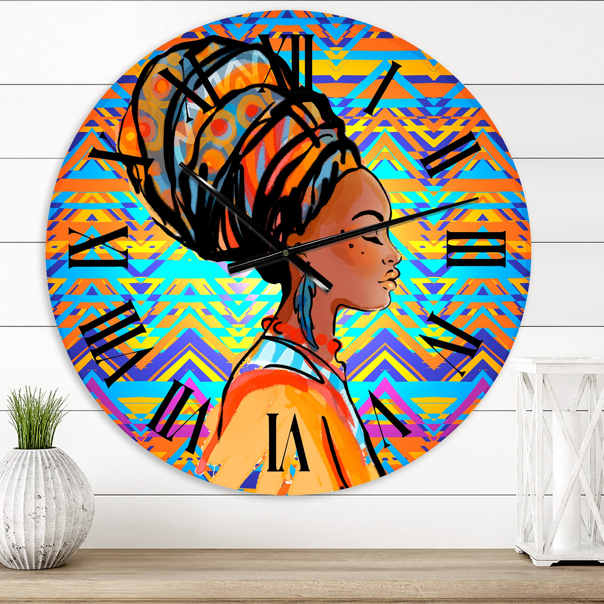 DesignQ Modern Wall Clock - African American Woman with Turban IV - Large Decorative Wall Clock for Living Room, Bedroom & Office - Unique Home Decor Gift Idea