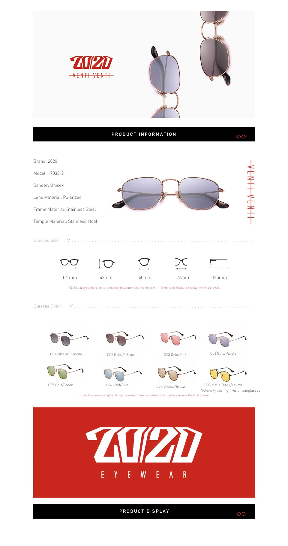 20/20 Polarized Square Metal Unisex Sunglasses - UV400 Protection, Lightweight & Durable Frame - Perfect for Driving, Outdoor Sports & Beach Vacations