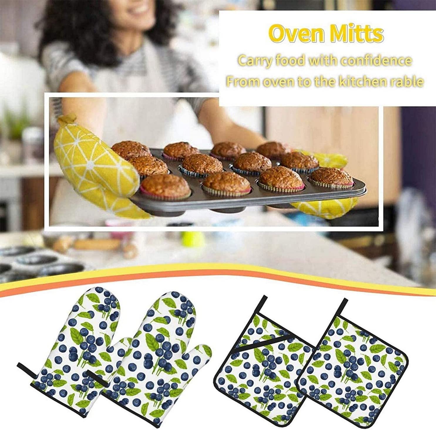Blueberry Pattern Oven Mitts & Pot Holders Set - 4 Piece Heat Resistant Kitchen Baking Gloves for Cooking, Baking, BBQ & Grilling - Perfect for Home Kitchen & Outdoor Barbecue