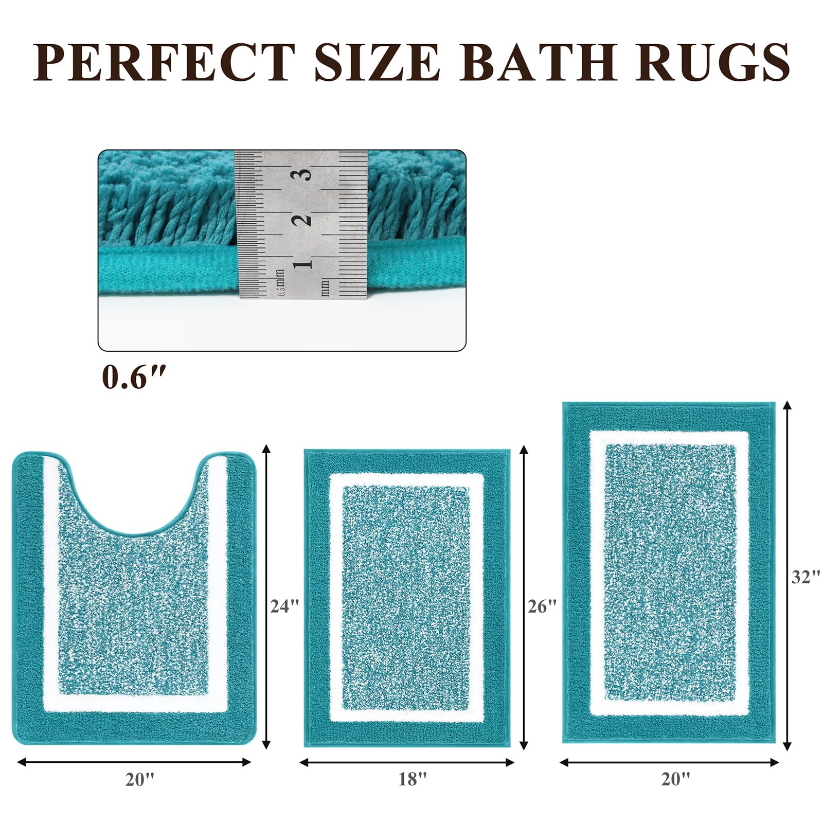 Premium 3-Piece Bathroom Rug Set - Ultra Absorbent Microfiber Plush Shower Mats with U-Shaped Toilet Mat | Non-Slip, Machine Washable Shaggy Floor Mats for Bathroom Safety & Comfort | Perfect for Bathrooms, Showers & Vanity Areas - Aqua Blue
