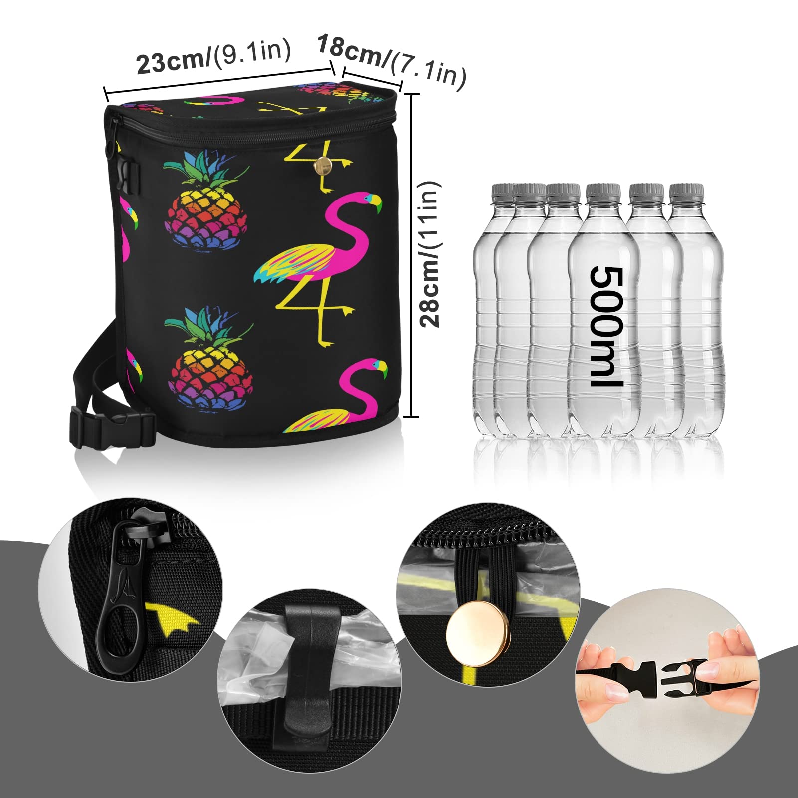Leak Proof Car Trash Can with Aluminum Film - Waterproof Hanging Car Garbage Bin Organizer - Multipurpose Vehicle Waste Basket for Road Trips, Camping & Daily Commute (Colorful Flamingo & Pineapple Design)