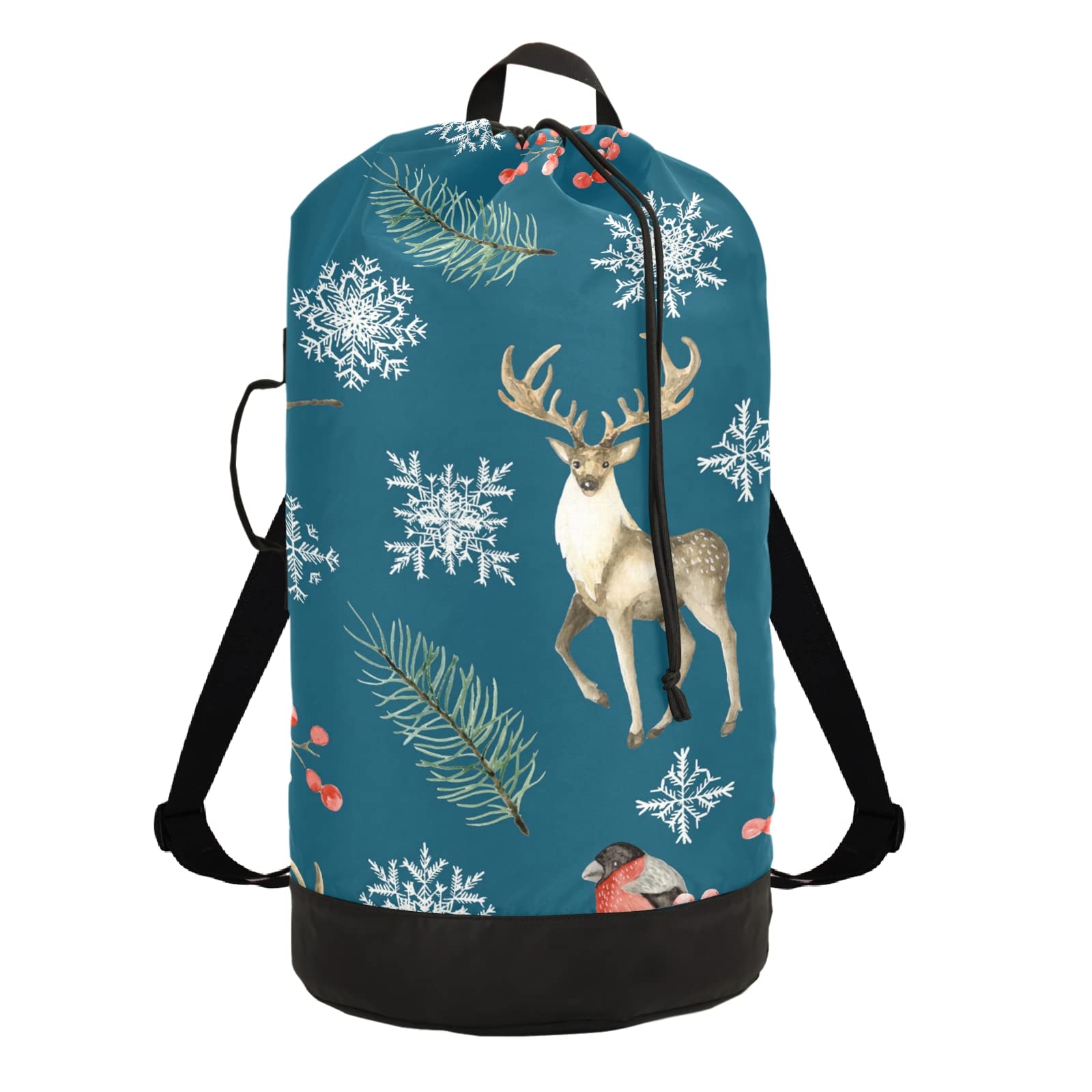 Christmas Deer & Bullfinches Heavy Duty Laundry Backpack - Foldable Travel Laundry Bag with Shoulder Straps for Home Storage, Luggage & Camping Trips