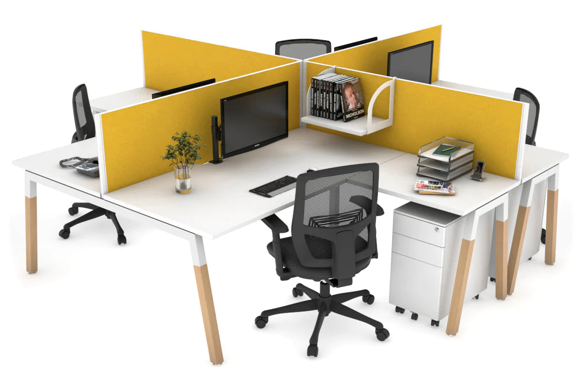 Quadro Wood A Legs Cross Beam 4-Person Corner Workstation Desk - 1600L x 1800W with Cable Management Scallop - Perfect for Office, Home Workspace & Collaborative Environments