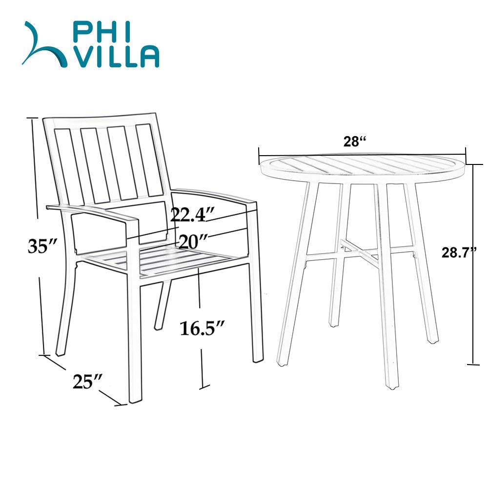 PHI VILLA 3-Piece Outdoor Bistro Set - Metal Patio Furniture with 2 Chairs & 1 Table for Garden, Backyard, Balcony - Perfect for Coffee, Dining & Relaxing in Outdoor Spaces