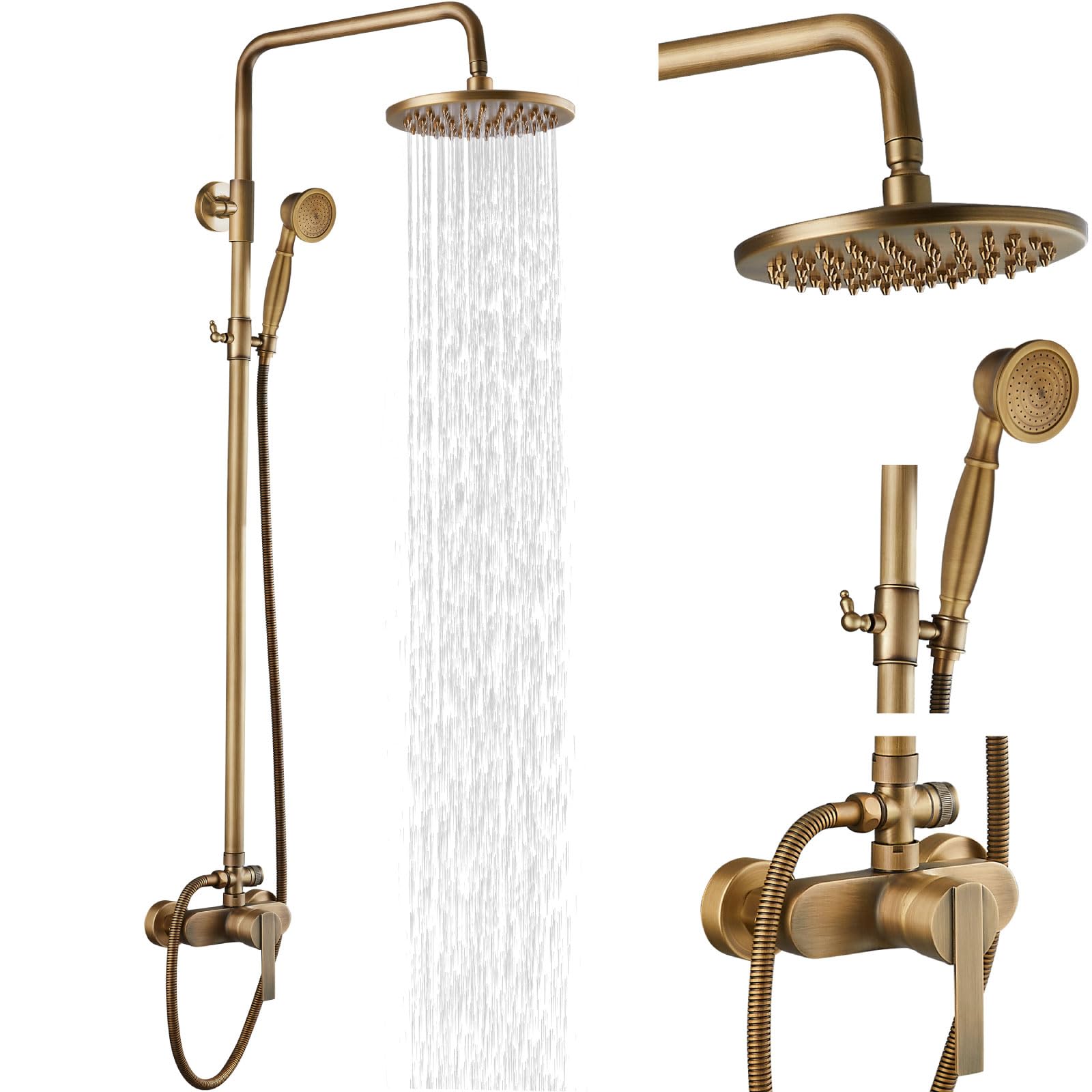Antique Brass Exposed Pipe Shower System - 8 Inch Rainfall Shower Head with Single Handle Faucet | Adjustable Modern Dual Function Combo Set for Bathroom Remodeling & Spa-Like Shower Experience
