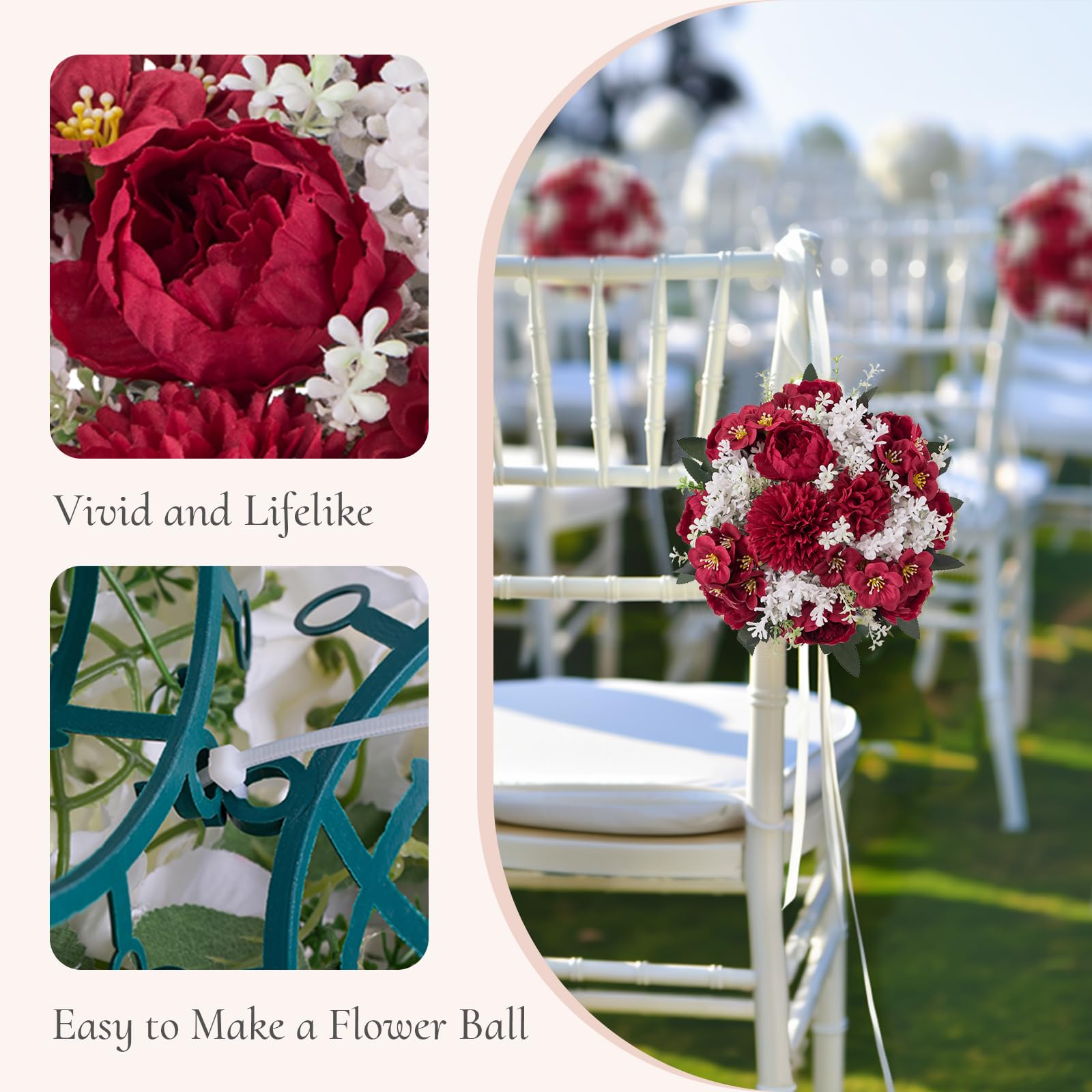 2 Pack Artificial Rose Flower Balls for Wedding Centerpieces - Small Crimson Fake Flower Bouquet Arrangement for Party, Anniversary, Home Decor - Perfect for Table Decorations, Bridal Showers & Romantic Events