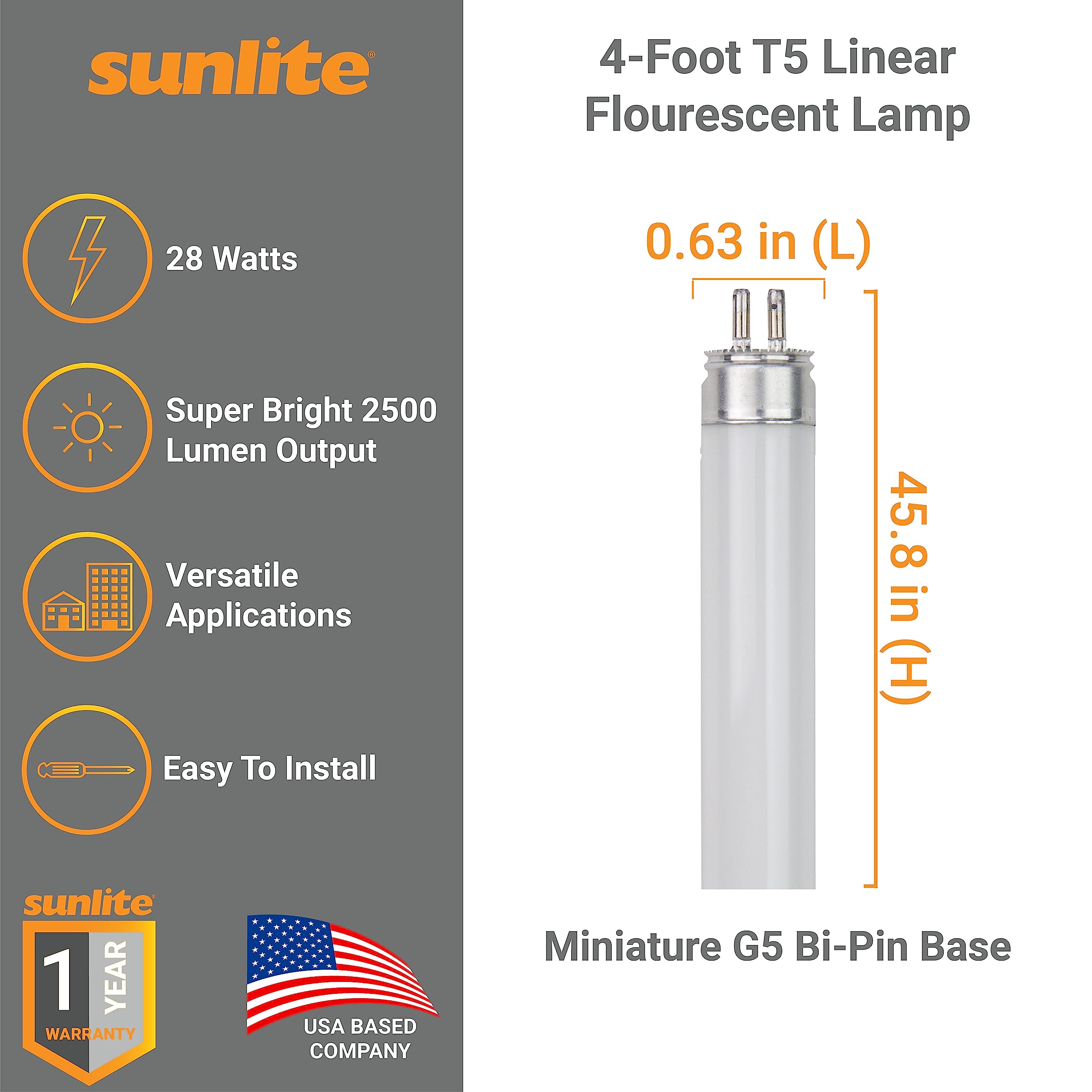 Sunlite 30330 F28T5/830 4 Foot T5 Linear Fluorescent Lamp - 28W, 2500 Lumens, 3000K Warm White, G5 Bi-Pin Base, ROHS Compliant (40 Pack) - Ideal for Office Lighting, Warehouse Illumination & Commercial Spaces
