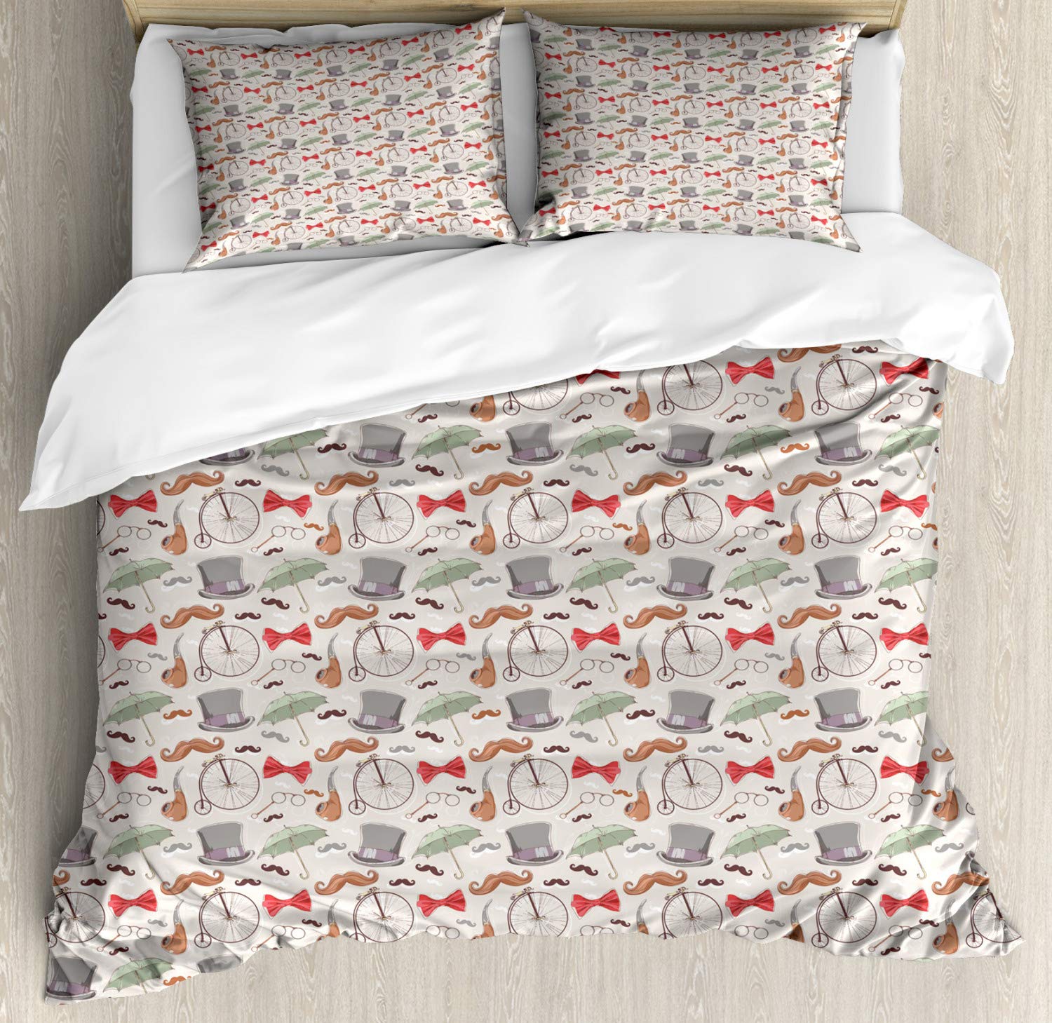 Vintage 1940s High-Wheel Bicycle Themed Duvet Cover Set - 2 Pack Queen Size Bedding with 2 Duvet Covers & 4 Pillowcases - Retro Cycling Design Featuring Lorgnette, Bow Tie, Handlebar Mustache & Umbrella Motifs - Perfect for Cycling Enthusiasts' Bedrooms, Themed Guest Rooms or Unique Gift Ideas