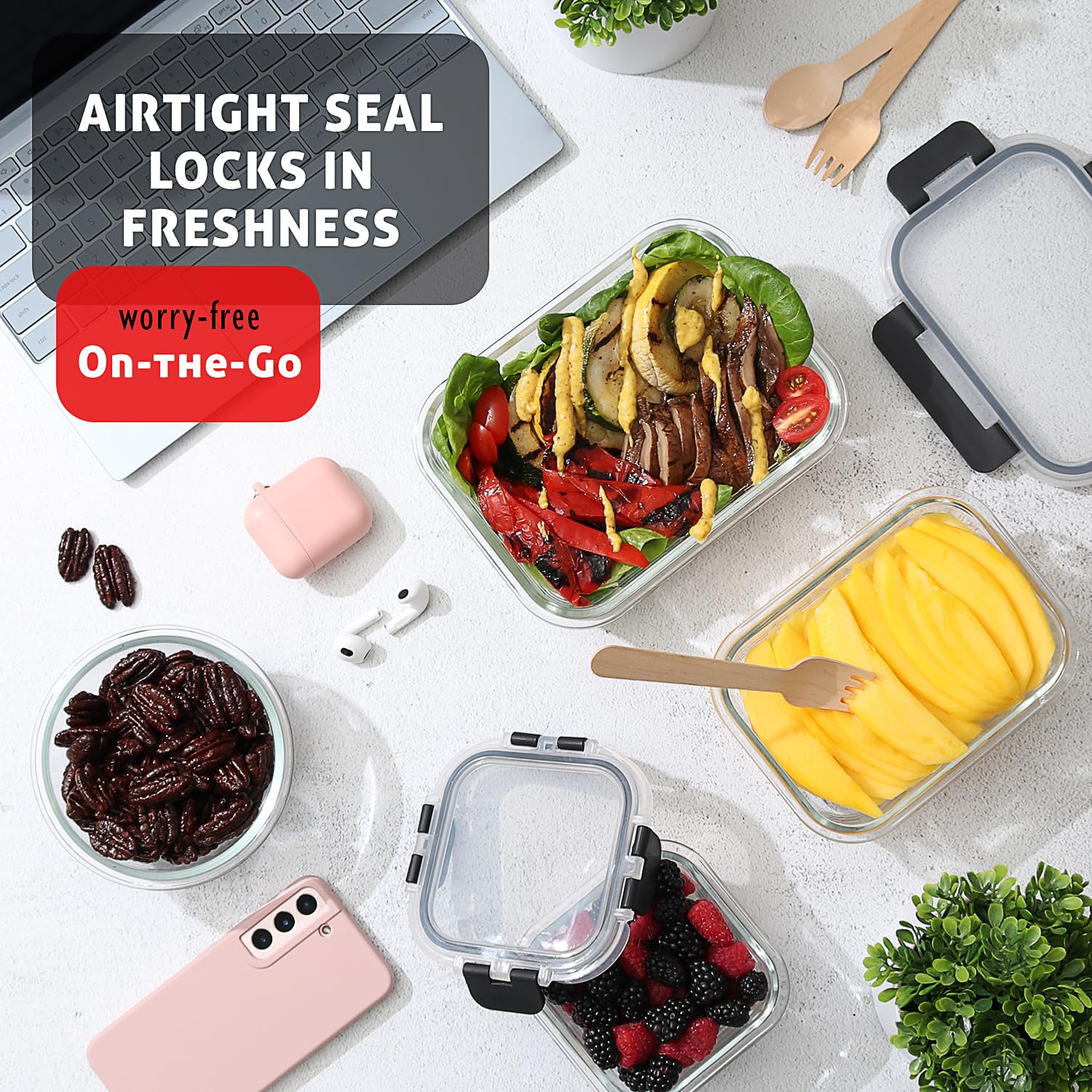 EATEX 24-Piece Glass Food Storage Containers Set with Airtight Lids - 12 Containers & 12 Lids - BPA-Free Kitchen Pantry Organizers for Meal Prep, Leftovers, Freezer & Oven Safe - Ideal for Lunch Boxes, Baking & Food Preservation