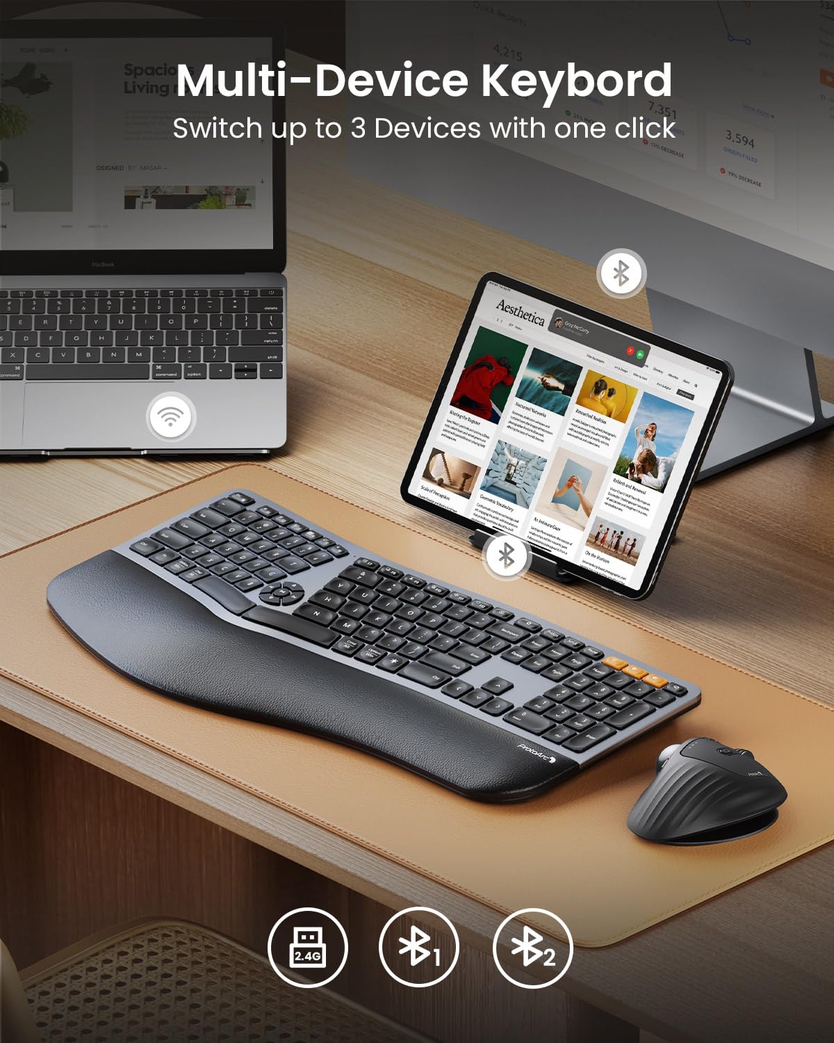ProtoArc EK01 Plus Backlit Bluetooth Ergonomic Split Keyboard - Full Size Wireless Keyboard with Dual Bluetooth & USB, Cushioned Wrist Rest, Rechargeable Battery - Compatible with Windows, Mac, Android (Grey) - Perfect for Office Work, Gaming & Long Typing Sessions