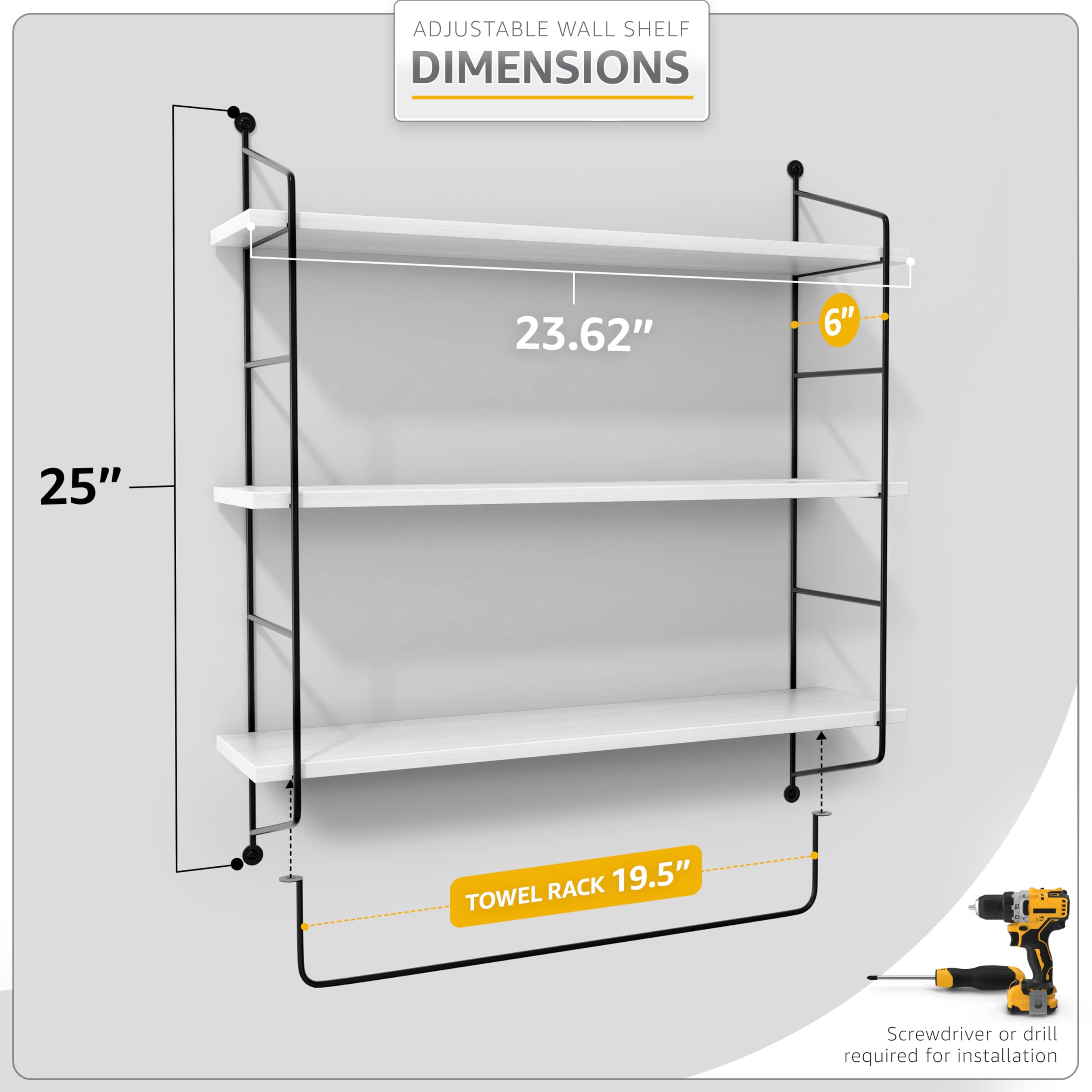 Sorbus 3-Tier Floating Wall Shelves - White Wooden Bathroom Storage Organizer for Towels, Toiletries & Home Decor | Over Toilet Space-Saving Solution for Bathroom, Bedroom & Gaming Room Organization