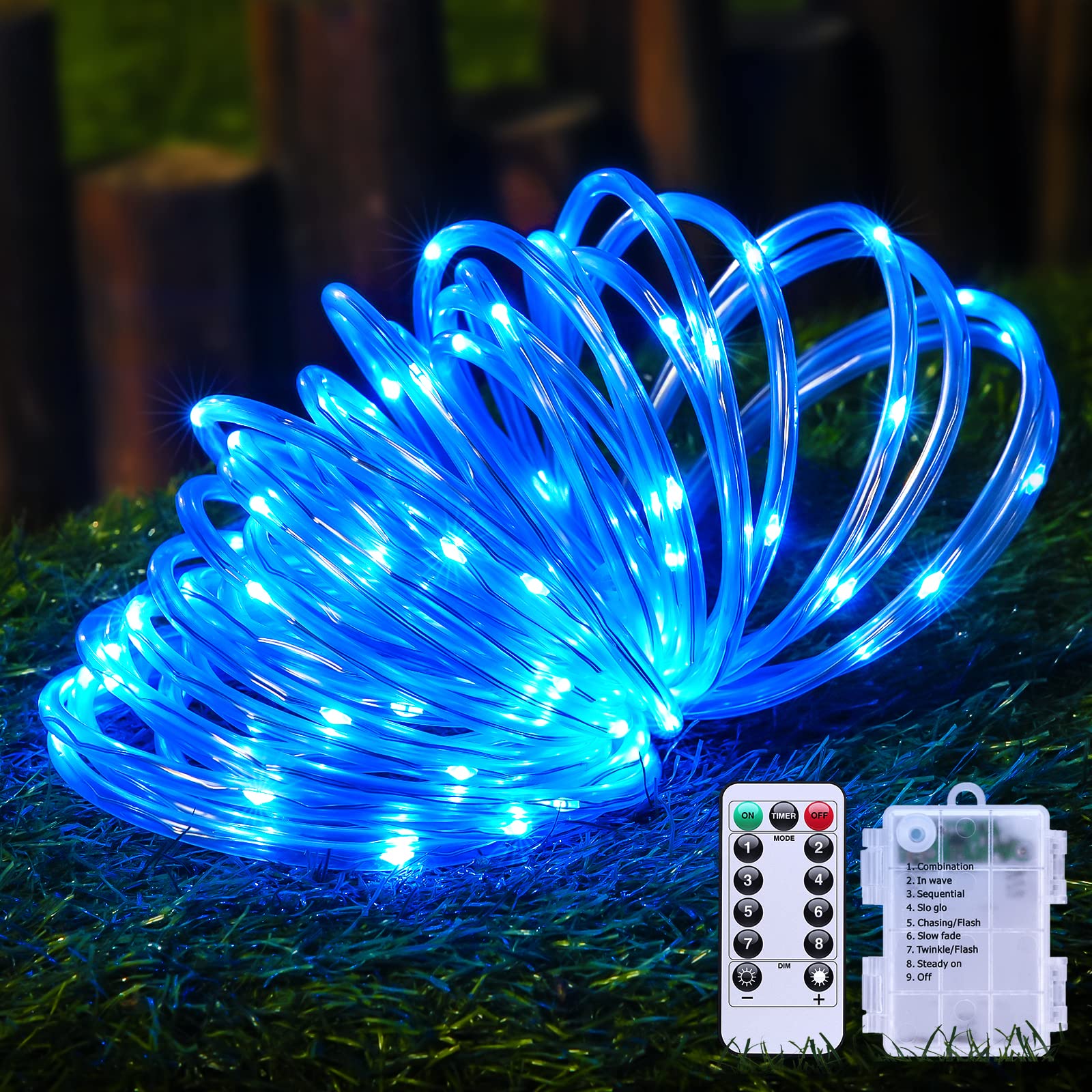 JMEXSUSS 100 LED Battery Rope Lights Outdoor Waterproof - 33ft Christmas String Lights with Remote, 8 Lighting Modes - Perfect for Trampoline, Camping, Balcony, Garden & Holiday Decorations (Blue)