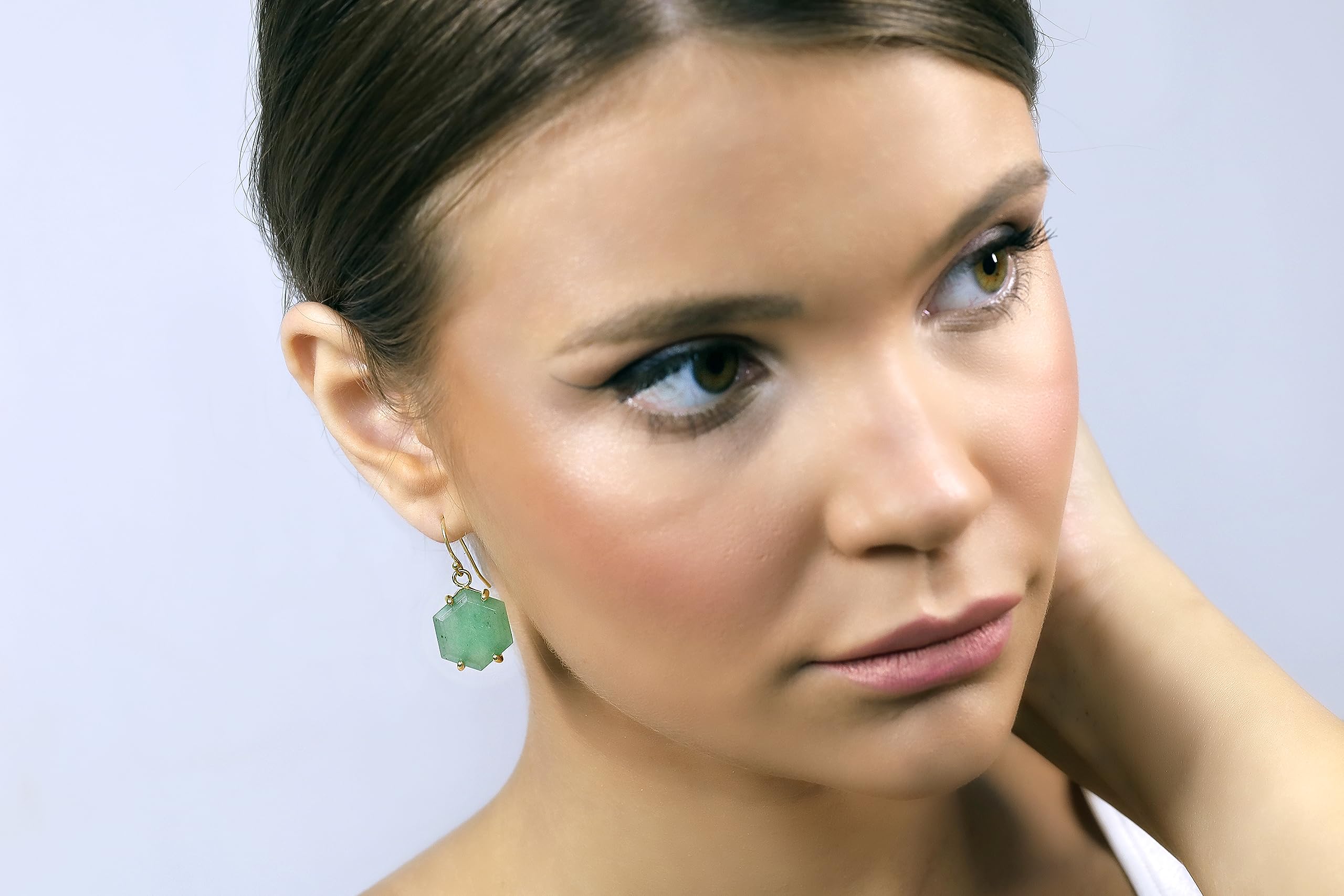 14K Gold Green Aventurine Hexagon Dangle Earrings for Women - Elegant Statement Jewelry for Party & Office