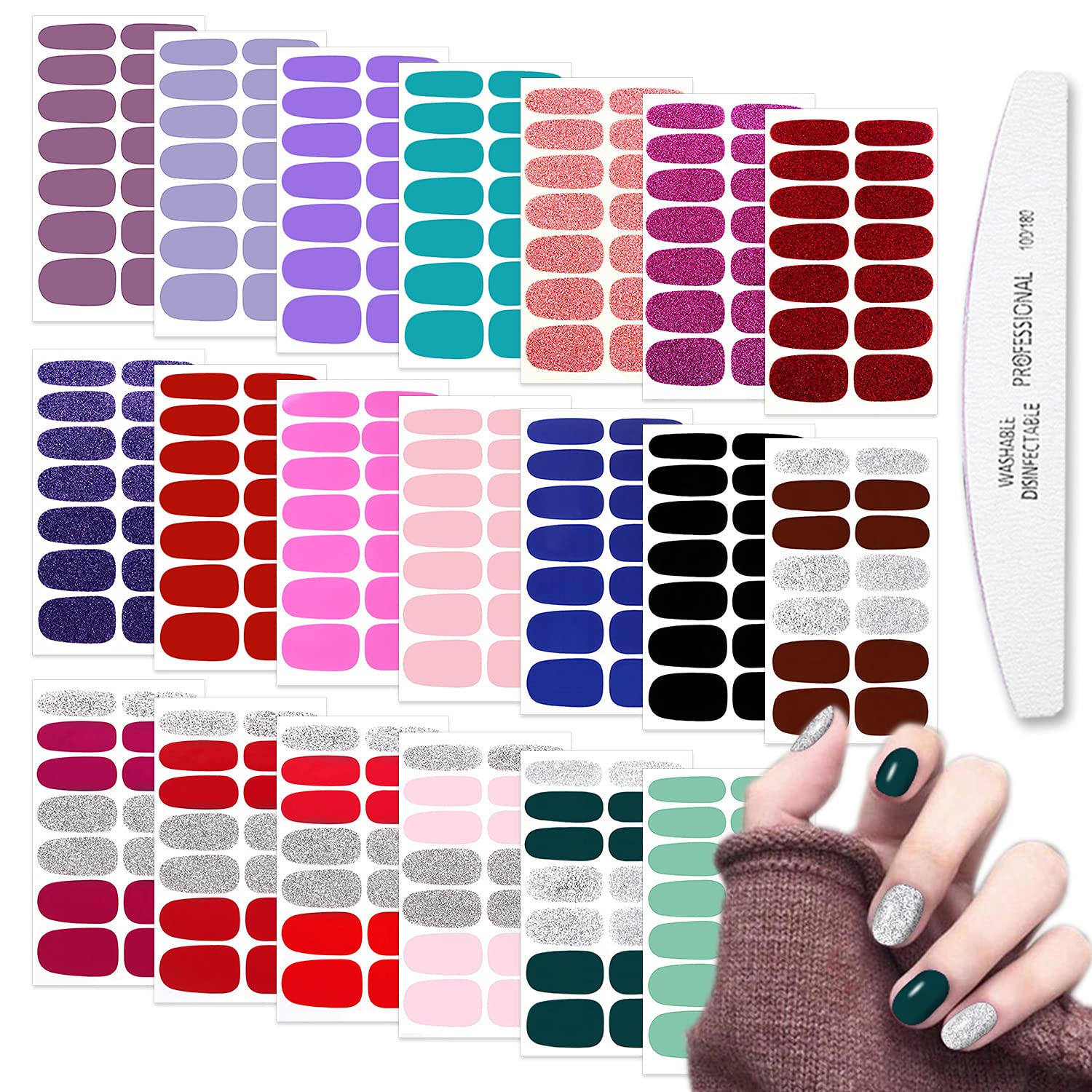 WOKOTO 20 Sheets Nail Polish Strips Set - 10 Solid Colors & 10 Glitter Nail Wraps | DIY Nail Art Kit with Nail File | Perfect for Home Manicures, Parties & Gifts
