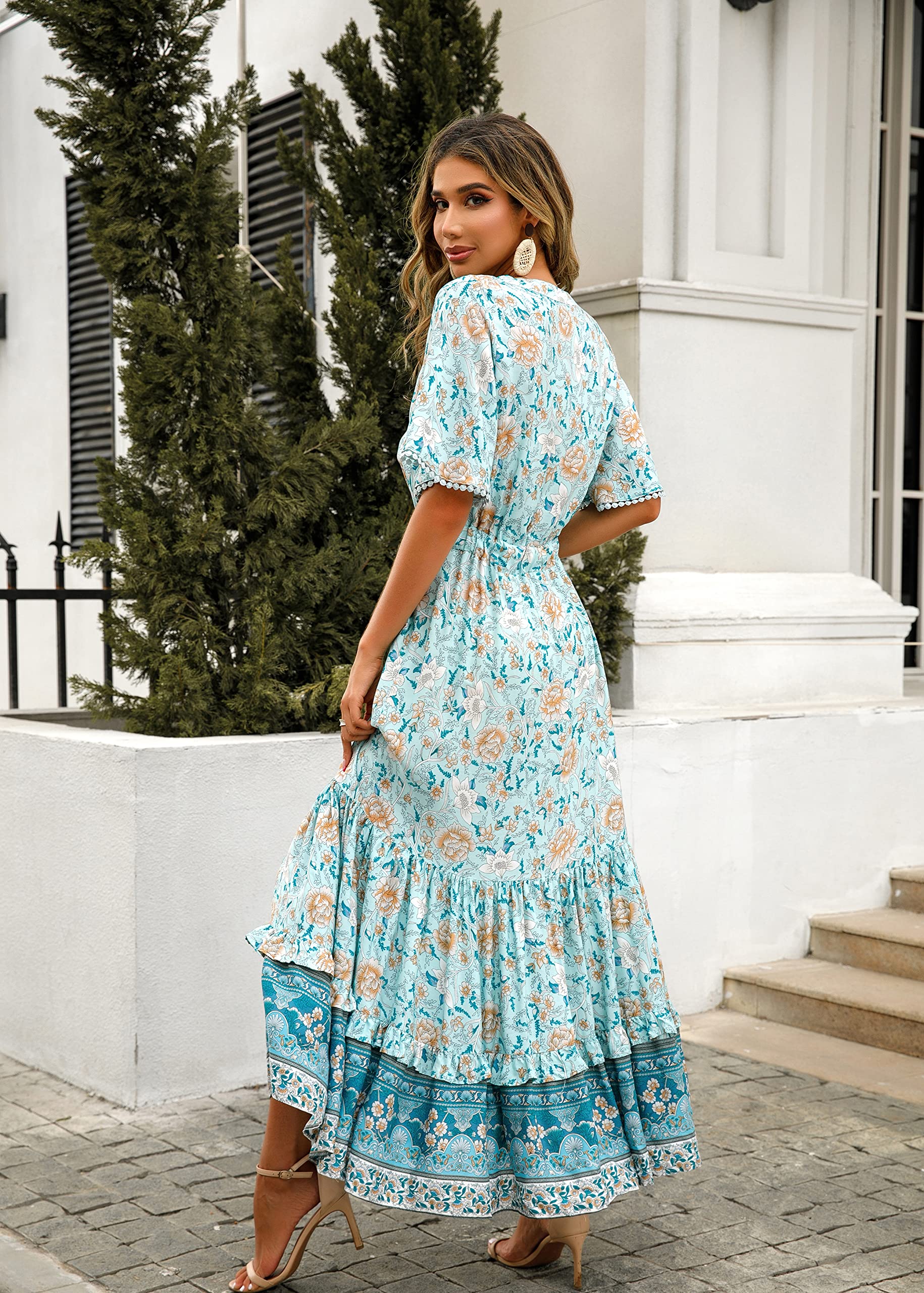 R.Vivimos Women's Summer Boho V-Neck Button Up Short Sleeve Floral Print Ruffle Hem Maxi Dress - Beach Vacation, Music Festival & Date Night Outfit