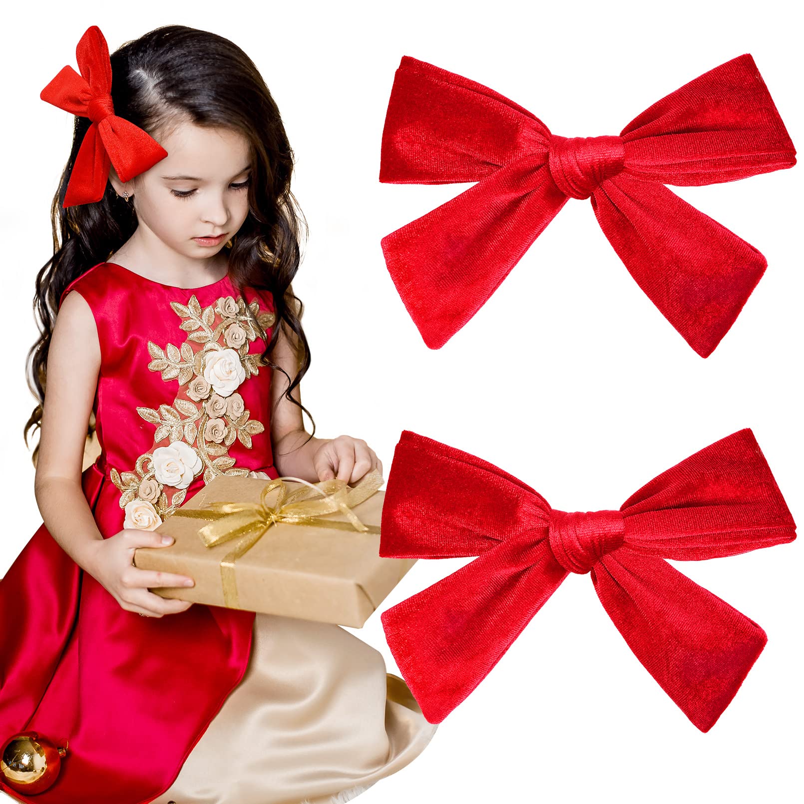 CEELGON 2PCS 6 Inch Big Velvet Hair Bows for Toddler Girls - Red Pigtail Hair Clips & Hair Accessories for Baby, Kids, Birthday Party, Photo Shoot, and Daily Wear