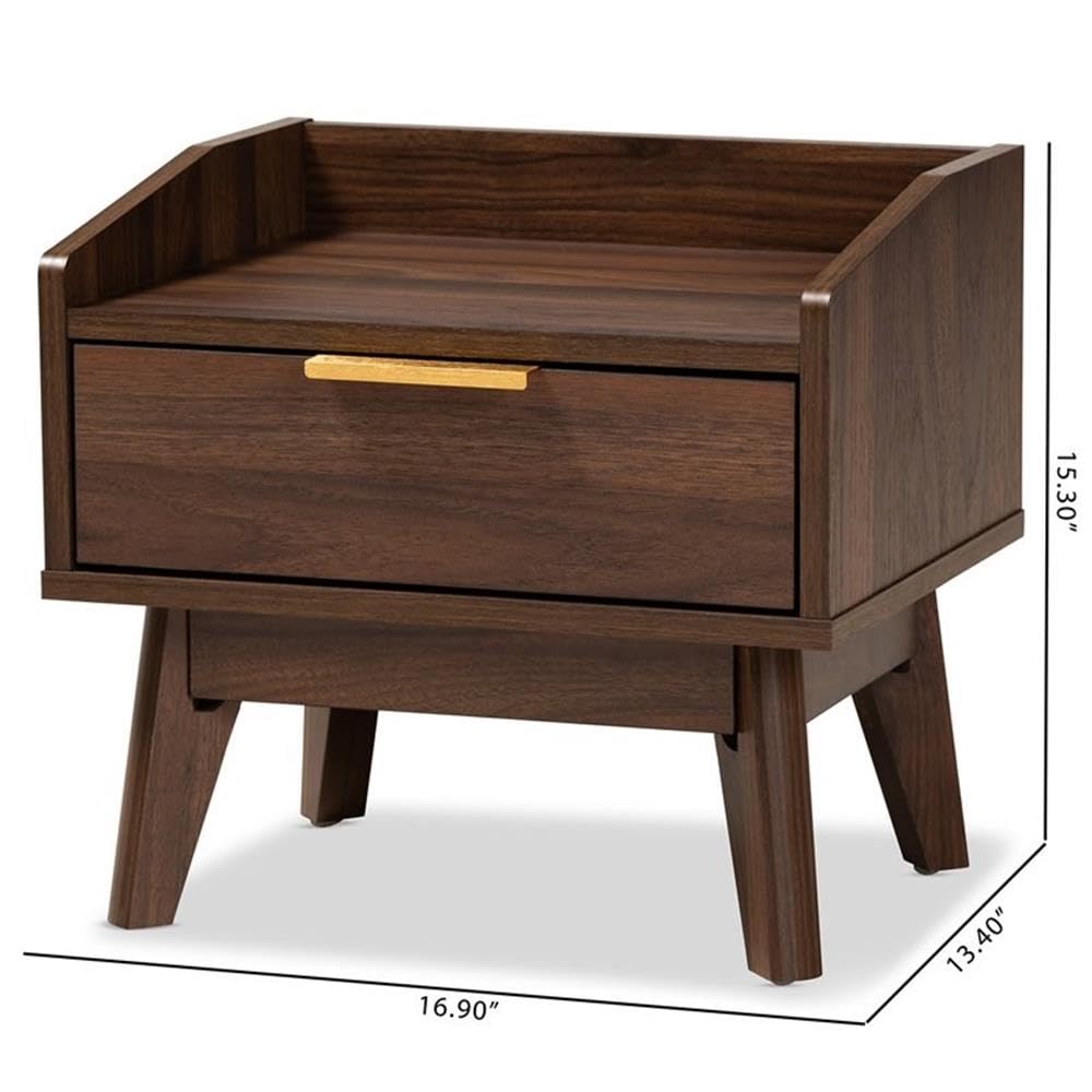 Baxton Studio Lena Mid-Century Modern Nightstand - 1 Drawer, Walnut Brown Finish, Solid Wood Bedside Table for Bedroom, Living Room & Office
