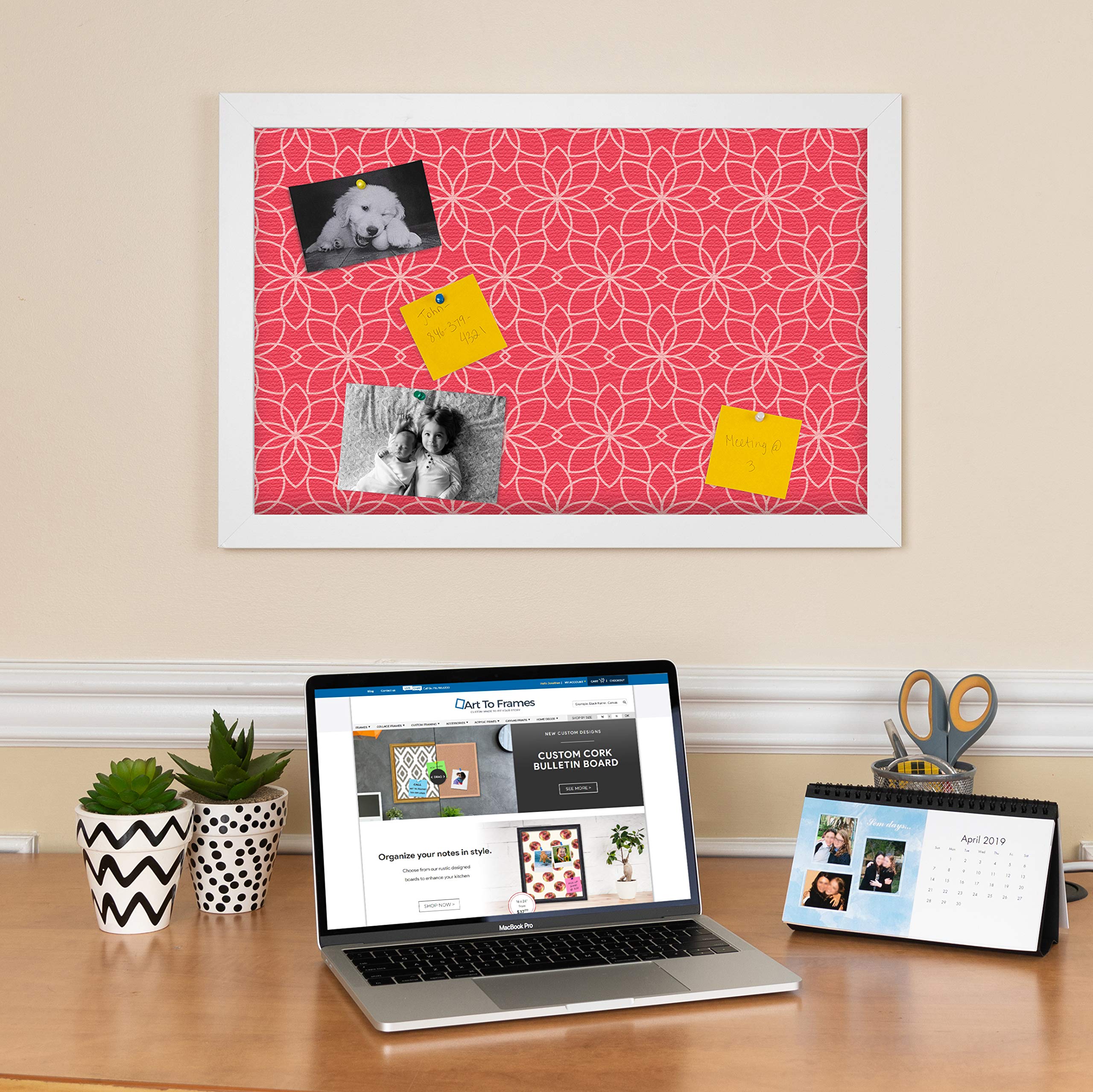 ArtToFrames 36x24 Inch Floral Cork Bulletin Board - 2x3 ft Custom Fabric-Style Pin Board with White Satin Frame | Perfect for Home Office, Classroom Decor & Creative Workspace Organization