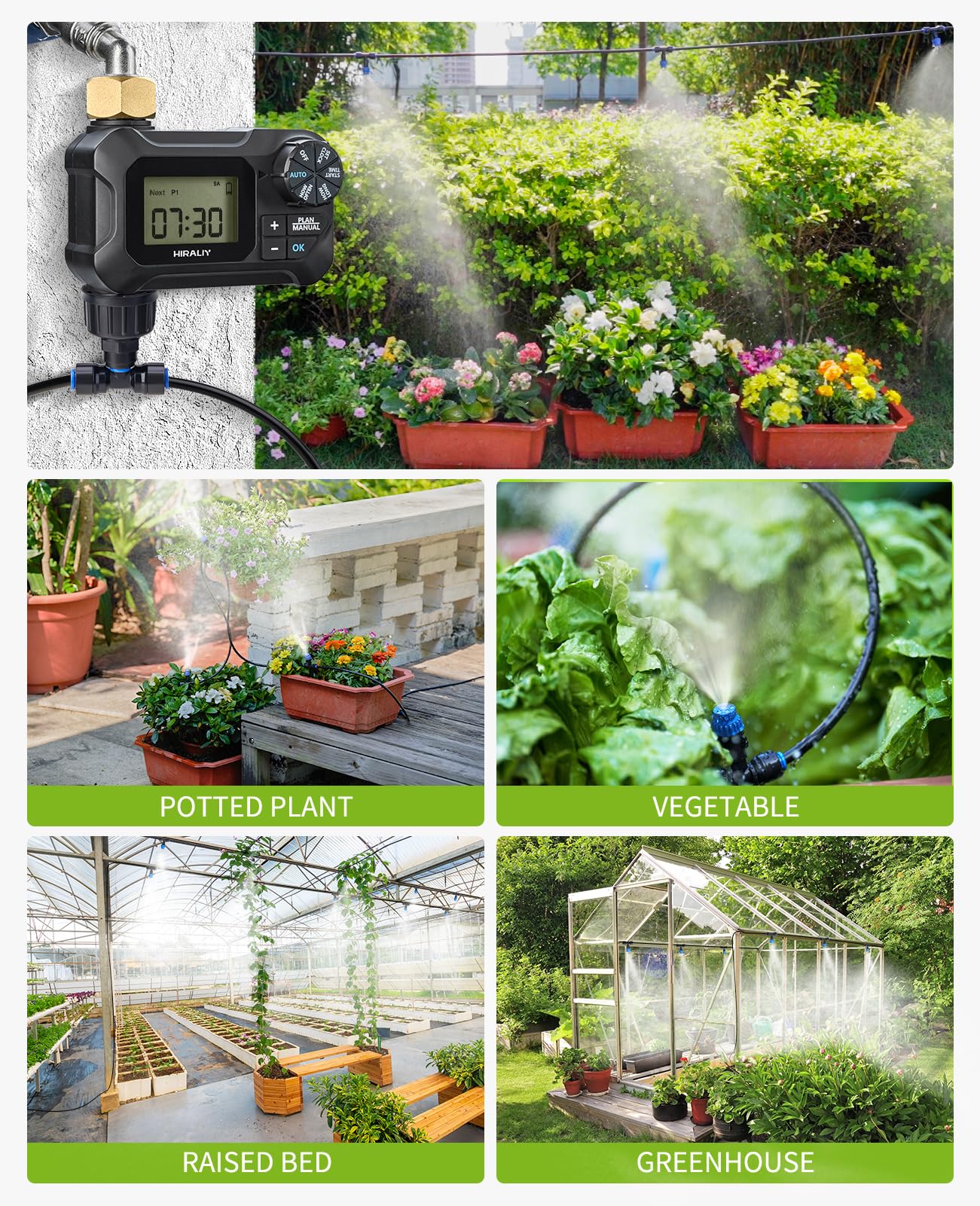 HIRALIY 59FT Automatic Drip Irrigation Kit with Timer - Greenhouse & Garden Watering System, Includes Tubing, Misting Nozzles, Quick Connectors - Perfect for Hanging Plants, Raised Beds & Indoor/Outdoor Gardens