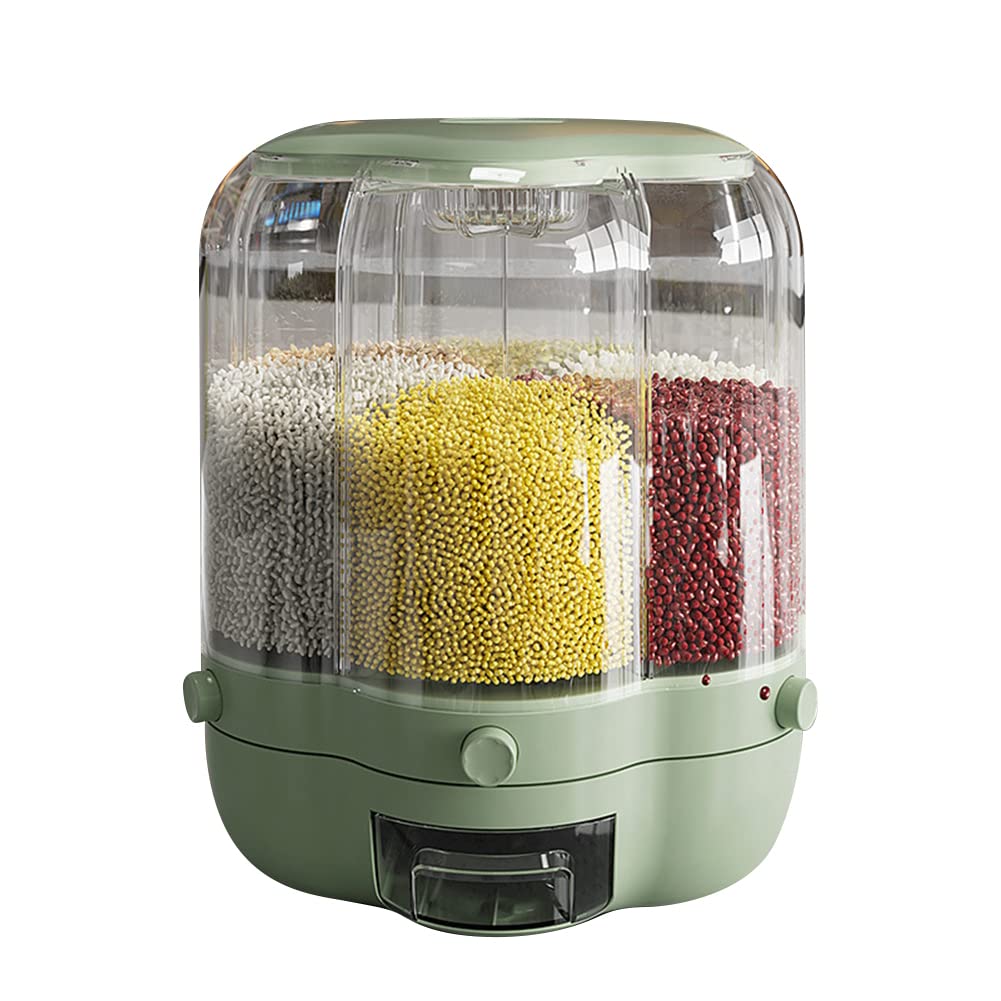 AutoSjy 6-Grid Rotating Grain Storage Container - Dry Food Dispenser for Rice, Cereal, Coffee Beans & Snacks | Visible Round Kitchen Storage Bucket with One-Click Output (L Green) | Perfect for Pantry Organization & Bulk Food Storage