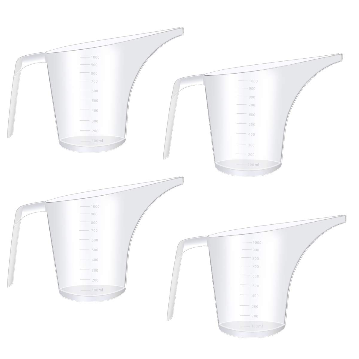 4 Pack Plastic Funnel Pitcher with Long Spout - 32oz (1000ml) Large Capacity Measuring Cup for Baking, Cooking & Soap Making - Perfect for Pancake Batter, Muffins, Cakes & DIY Crafts