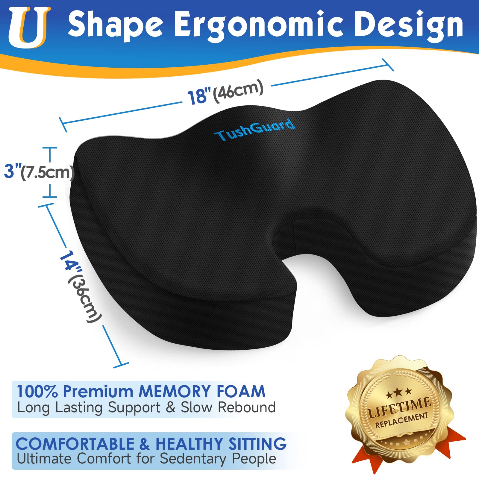 Premium Memory Foam Seat Cushion for Office Chair - Non-Slip Orthopedic Support for Coccyx, Sciatica & Tailbone Pain Relief - Ideal for Desk Work, Car, Wheelchair (Black) - Perfect for Long Sitting & Back Comfort
