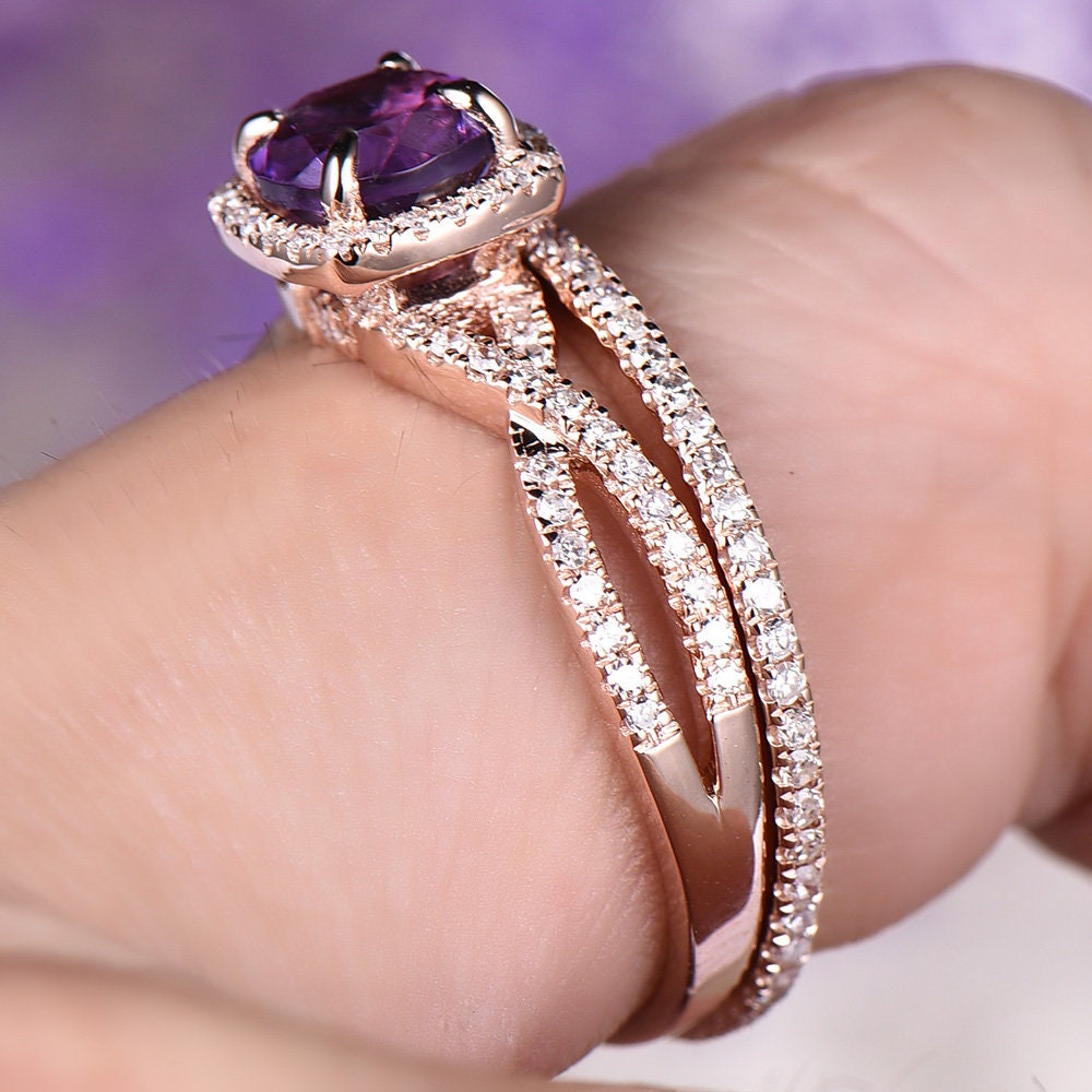 14K Rose Gold Amethyst Engagement Ring Set with Pave Diamonds - Thin Twisted Matching Wedding Band & Full Eternity Ring for Anniversary, Proposal & Special Occasions