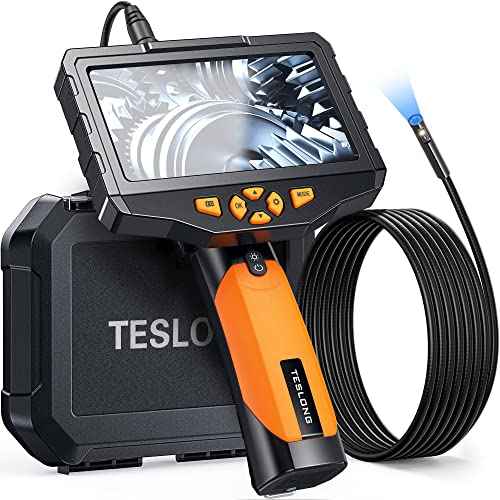 5 Inch IPS Inspection Camera with Dual Lens - Teslong Borescope Endoscope Snake Camera, 8mm 10ft Flexible Cable, IP67 Waterproof, 7 LED Lights, 5000mAh Battery, Flashlight, Durable Case & 32GB Storage - Perfect for Plumbing, HVAC, Automotive & Industrial Inspections