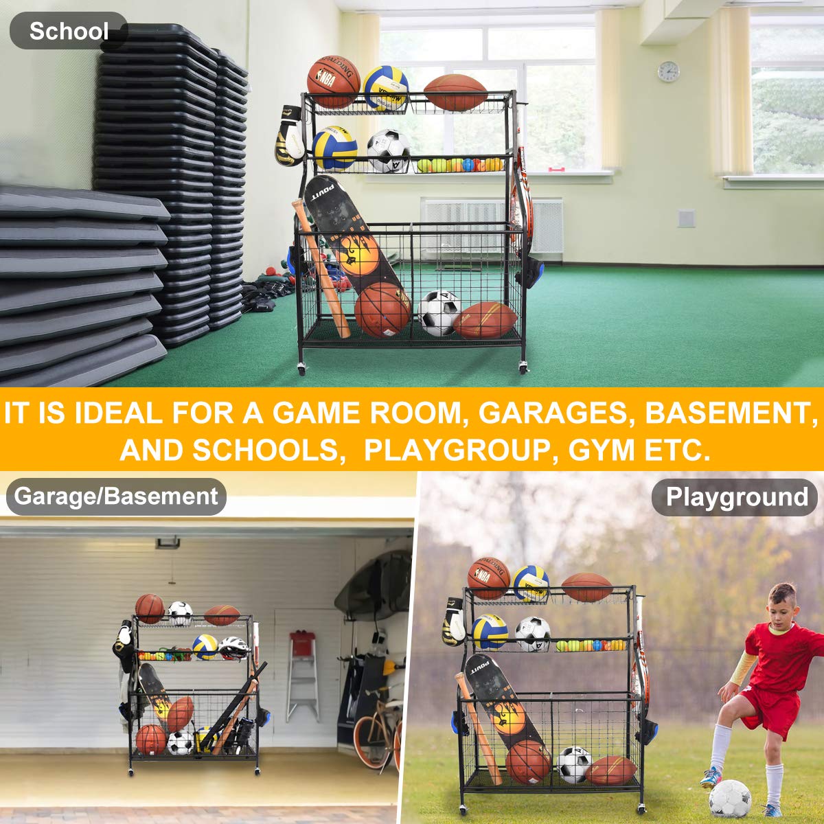 Kinghouse Steel Black Garage Sports Equipment Organizer - Ball Storage Rack & Rolling Cart for Basketball, Soccer, Football | Perfect for Garage, Basement & Backyard Organization
