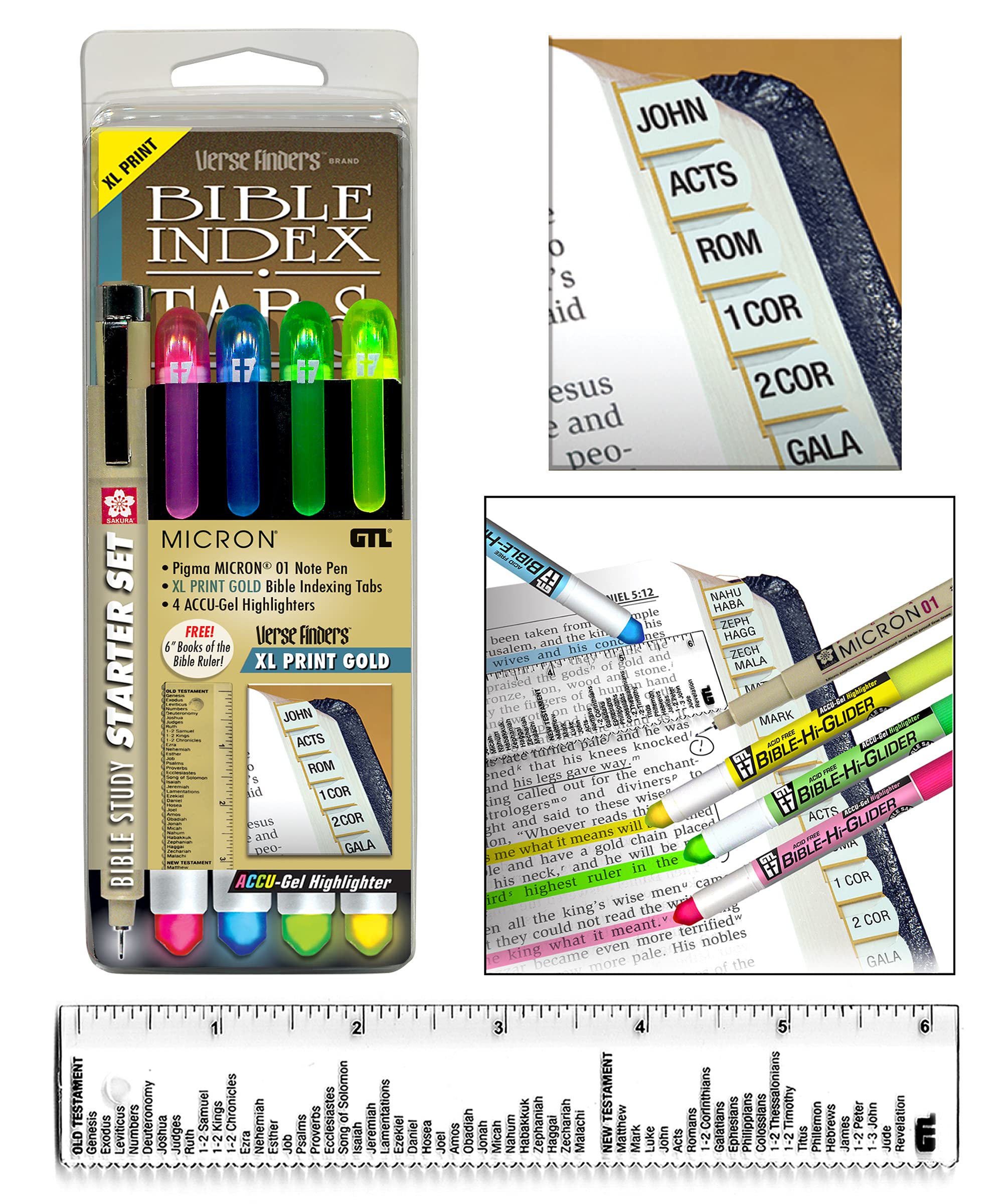 Accu-Gel Bible Highlighter & Pigma Micron Bible Study Starter Set - XL Print Gold Verse Finder Tabs, No Bleed Pigmented Ink & Gel Highlighter (01 Fine Point Black) for Scripture Marking, Bible Journaling, and Church Study Groups