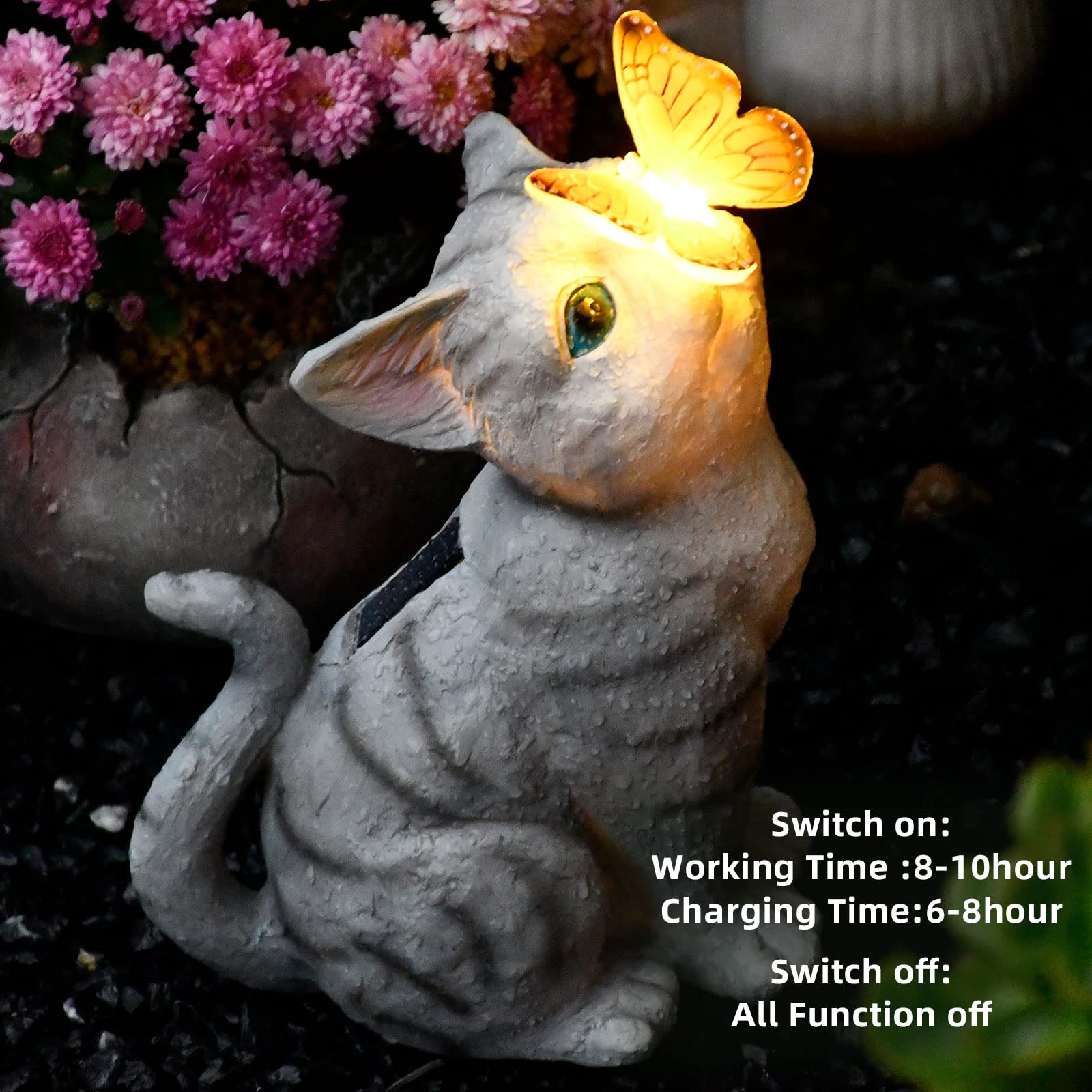 Solar Cat Garden Statue with LED Lights - Outdoor Decor for Patio, Lawn & Yard - Weatherproof Animal Figurine for Housewarming Gift & Garden Art (Grey) - Perfect for Nighttime Illumination & Landscape Accents